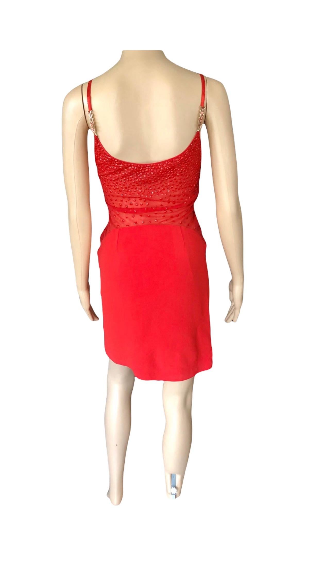 Gianni Versace F/W 1996 Runway Vintage Embellished Sheer Red Evening Mini Dress  For Sale 12