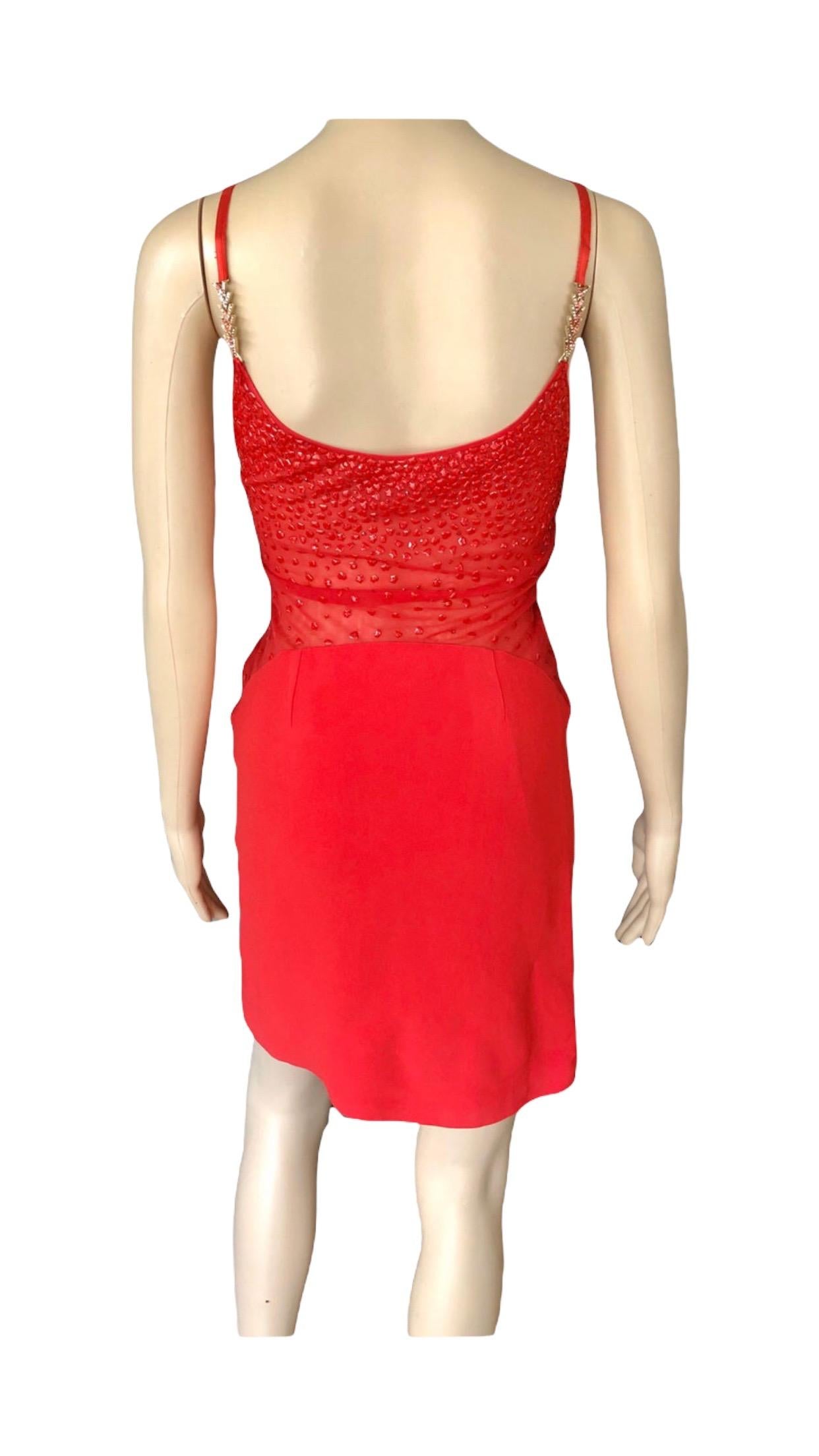 Gianni Versace F/W 1996 Runway Vintage Embellished Sheer Red Evening Mini Dress  For Sale 13