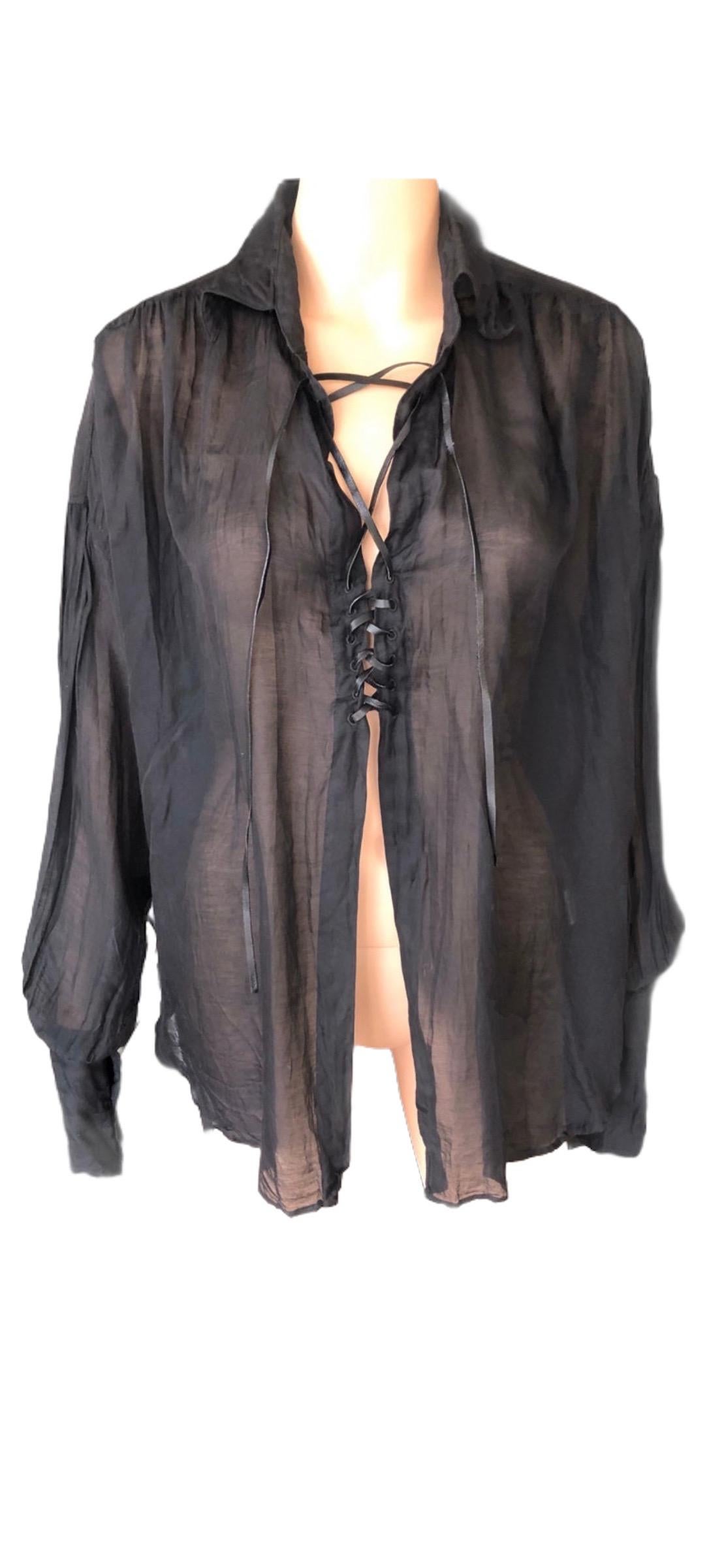 Tom Ford for Gucci F/W 2002 Sheer Plunging Lace-Up Black Tunic Shirt Blouse Top In Good Condition In Naples, FL