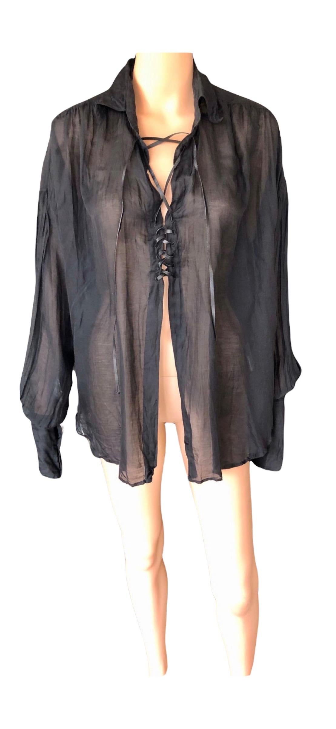 Women's Tom Ford for Gucci F/W 2002 Sheer Plunging Lace-Up Black Tunic Shirt Blouse Top