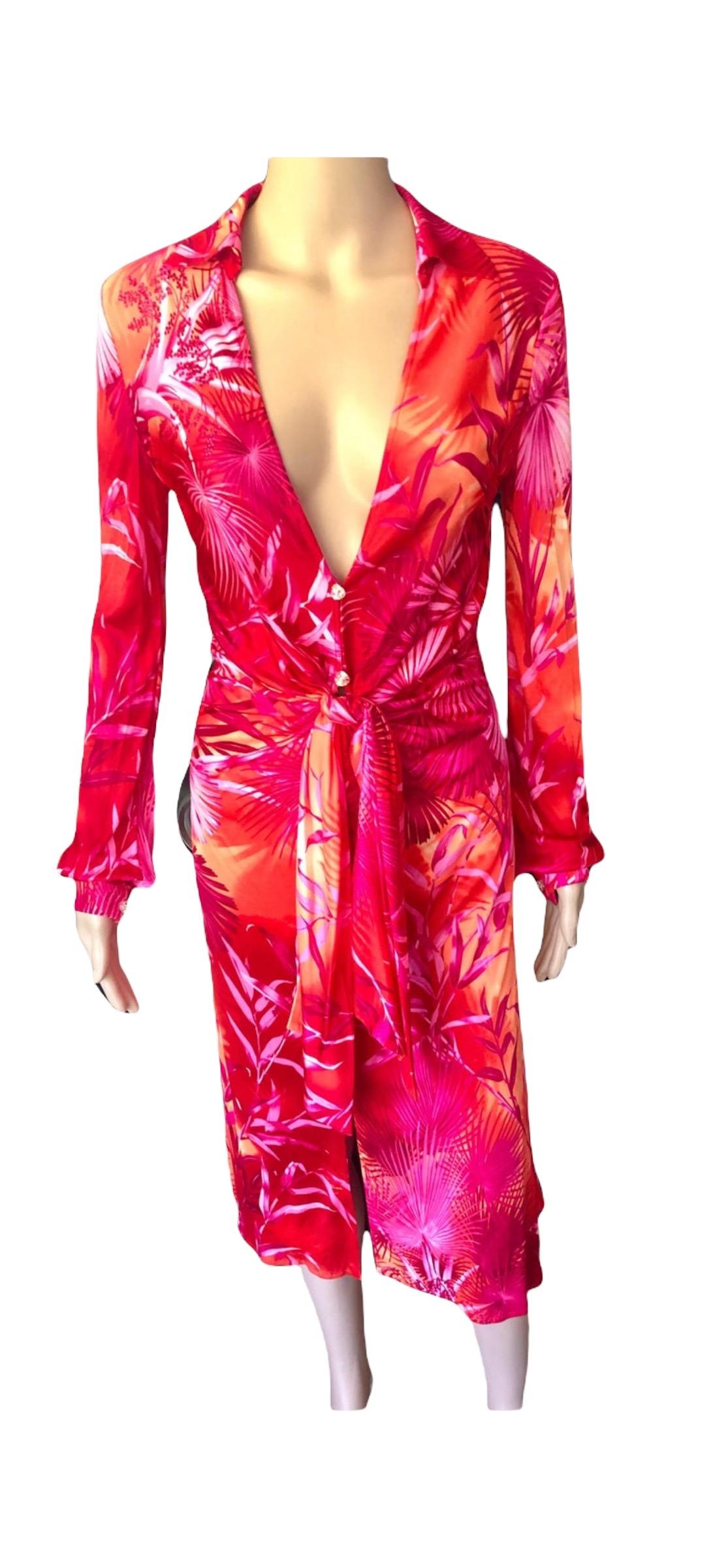 Gianni Versace Runway S/S 2000 Vintage Tropical Print Plunging Neckline Dress For Sale 6