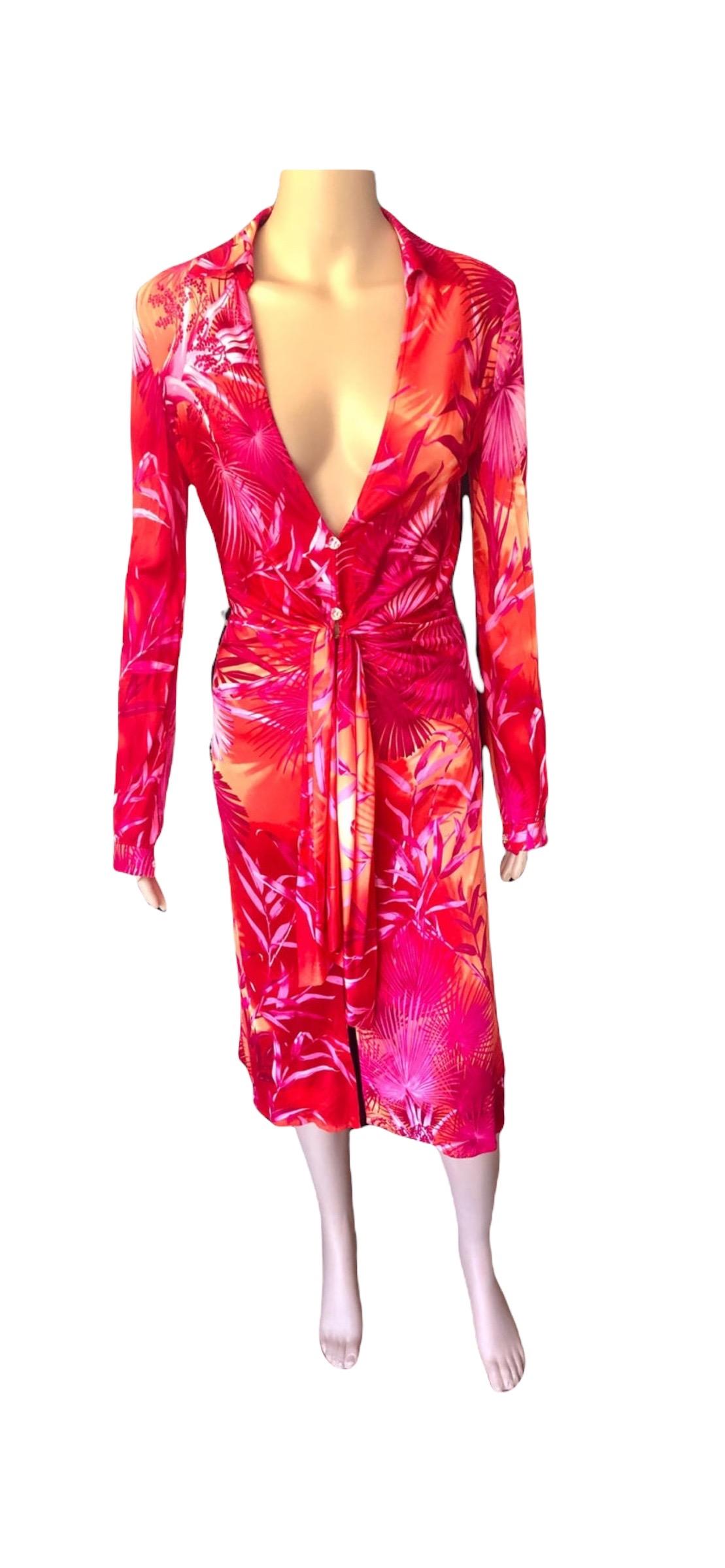 Gianni Versace Runway S/S 2000 Vintage Tropical Print Plunging Neckline Dress For Sale 7