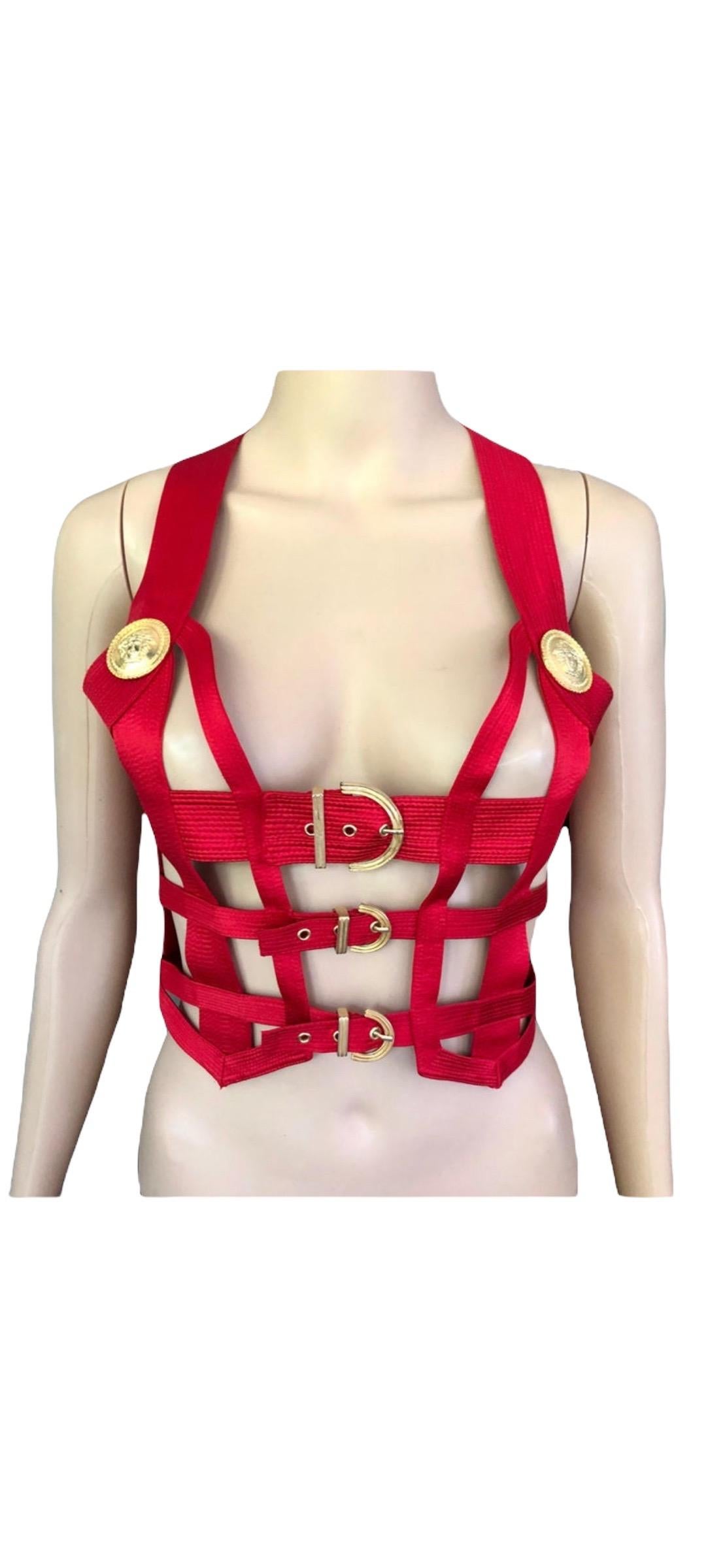 Gianni Versace F/W 1992 Runway Couture Vintage Bondage Harness 2 Piece Red Dress 7