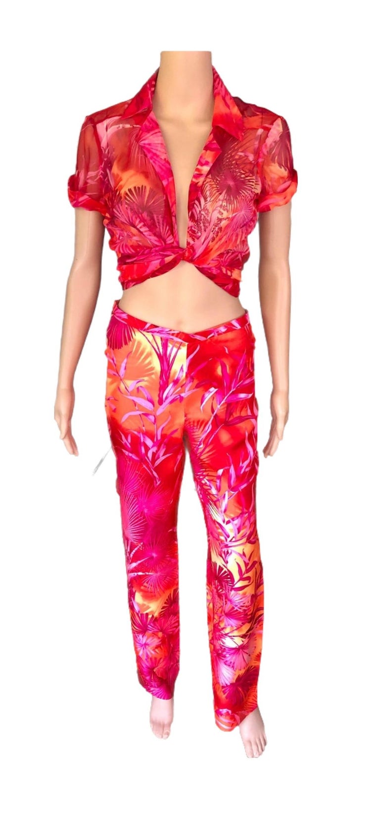 Gianni Versace S/S 2000 Runway Tropical Palm Print Pants and Blouse 2 Piece  Set For Sale at 1stDibs