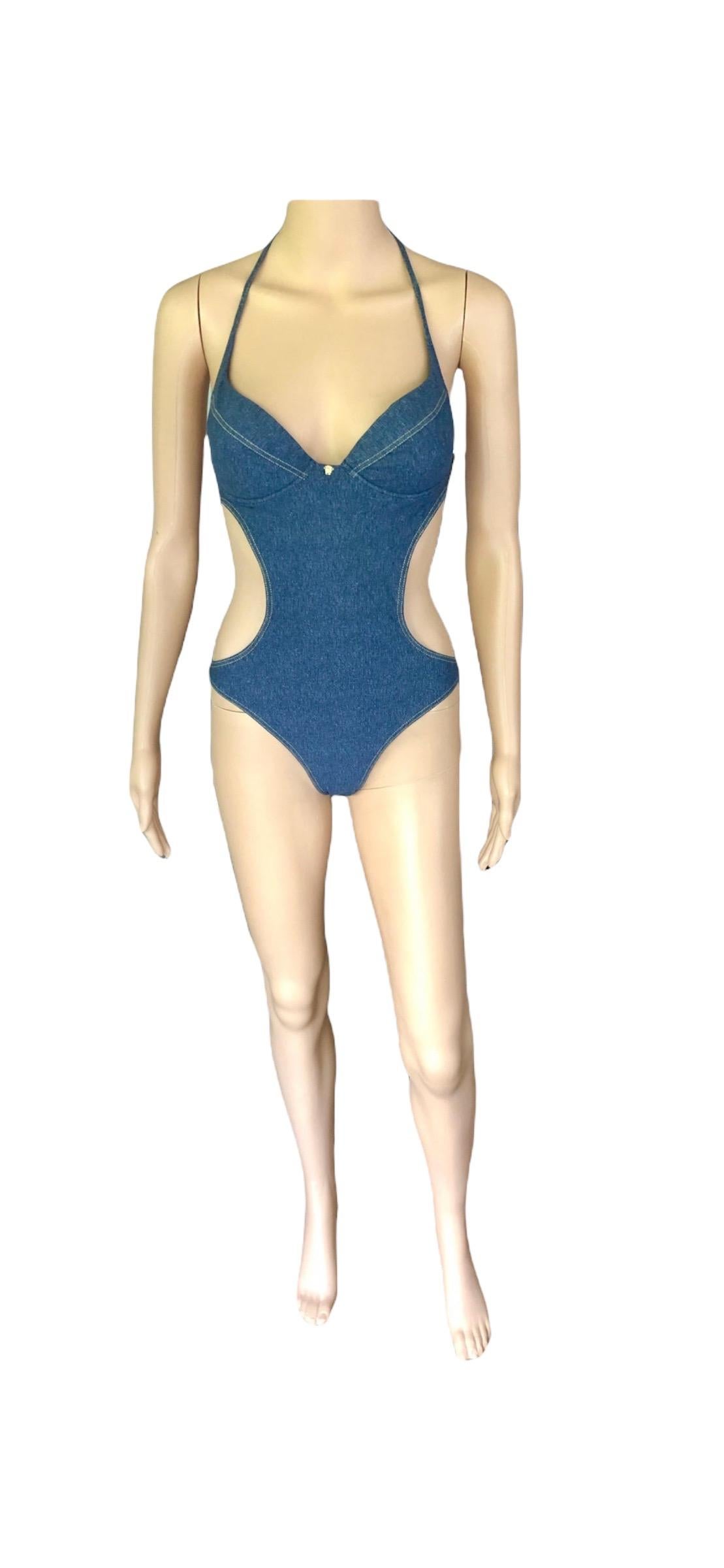 Versace Bustier Plunging Open Back Cutout Denim Print Swimwear Swimsuit In Excellent Condition For Sale In Naples, FL