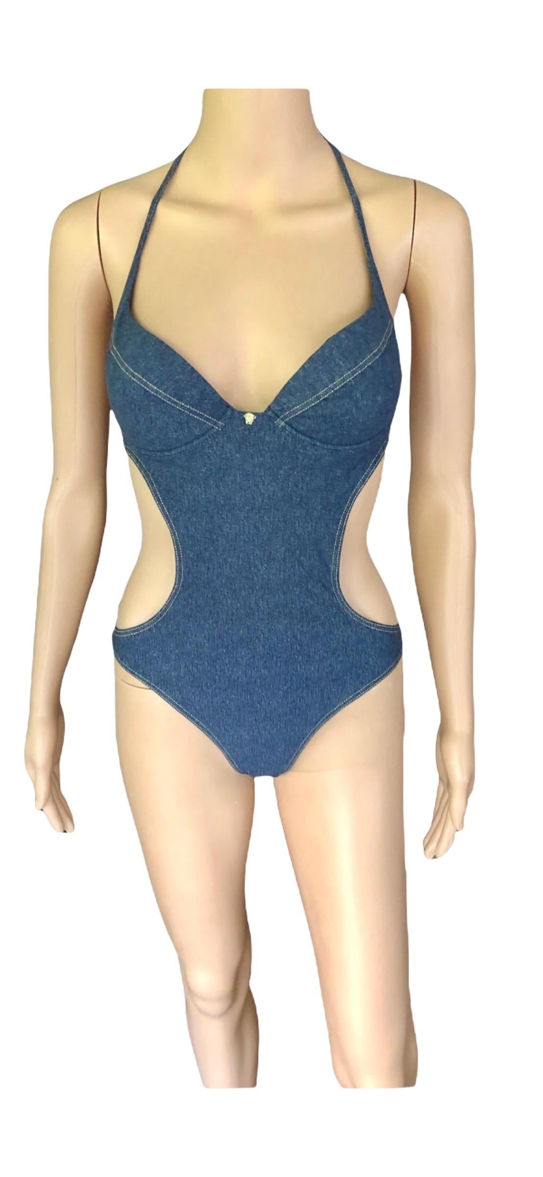 Women's Versace Bustier Plunging Open Back Cutout Denim Print Swimwear Swimsuit For Sale
