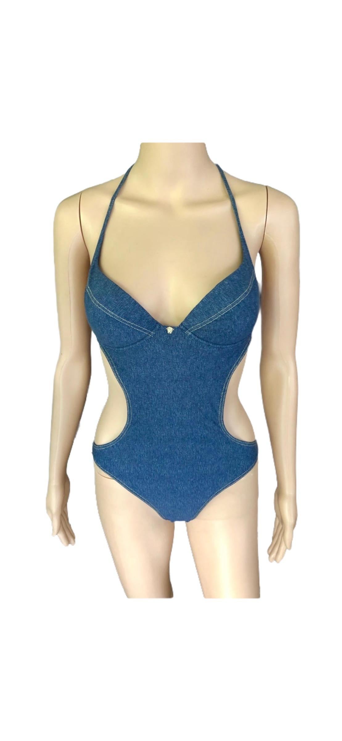 Versace Bustier Plunging Open Back Cutout Denim Print Swimwear Swimsuit For Sale 1