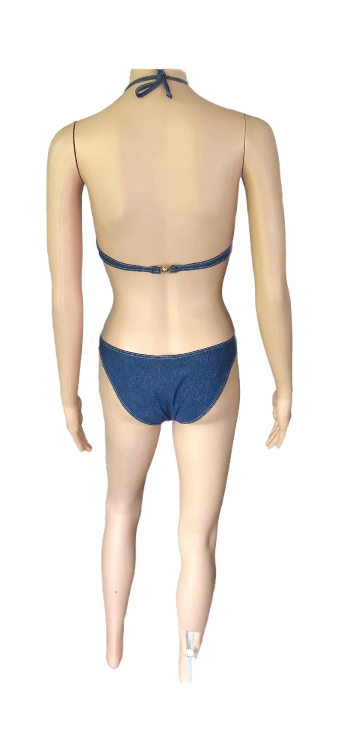 Versace Bustier Plunging Open Back Cutout Denim Print Swimwear Swimsuit For Sale 2