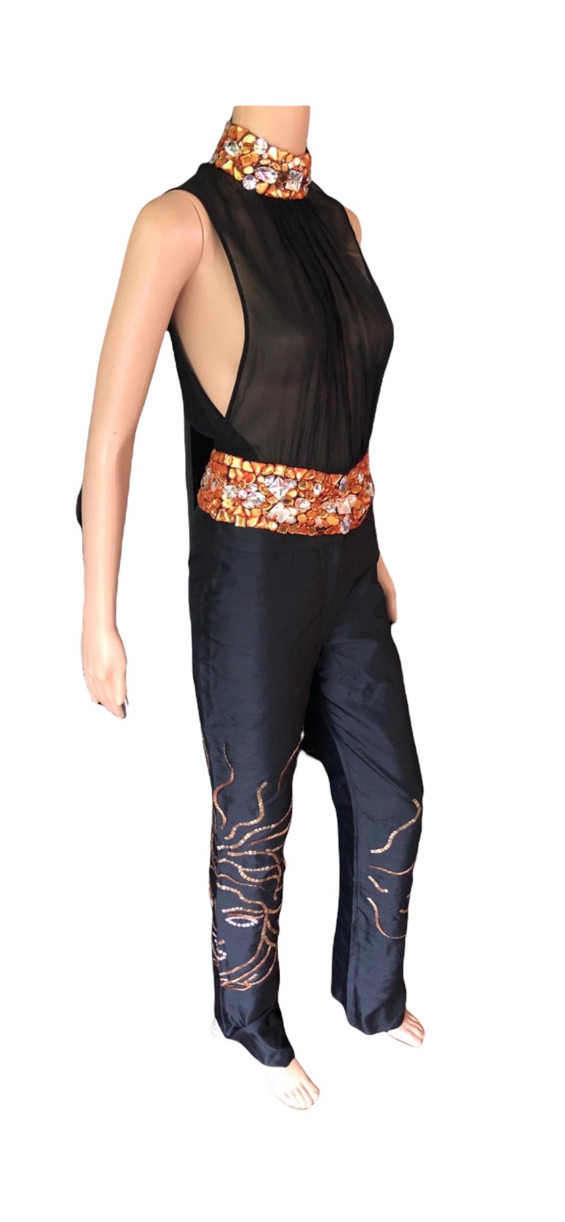 Gianni Versace Couture S/S 2000 Runway Embellished Sheer Top & Pants 2 Piece Set For Sale 3
