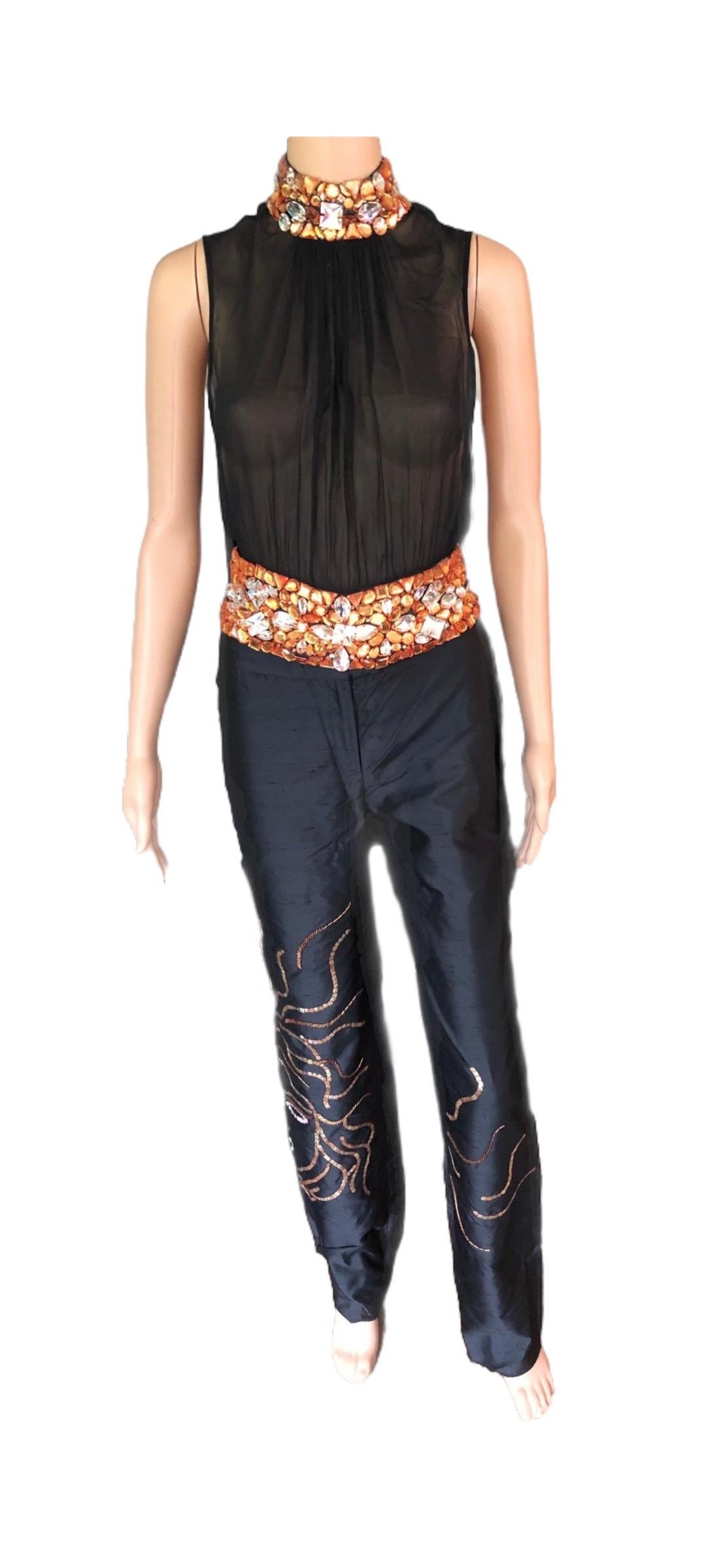 Gianni Versace Couture S/S 2000 Runway Embellished Sheer Top & Pants 2 Piece Set For Sale 4
