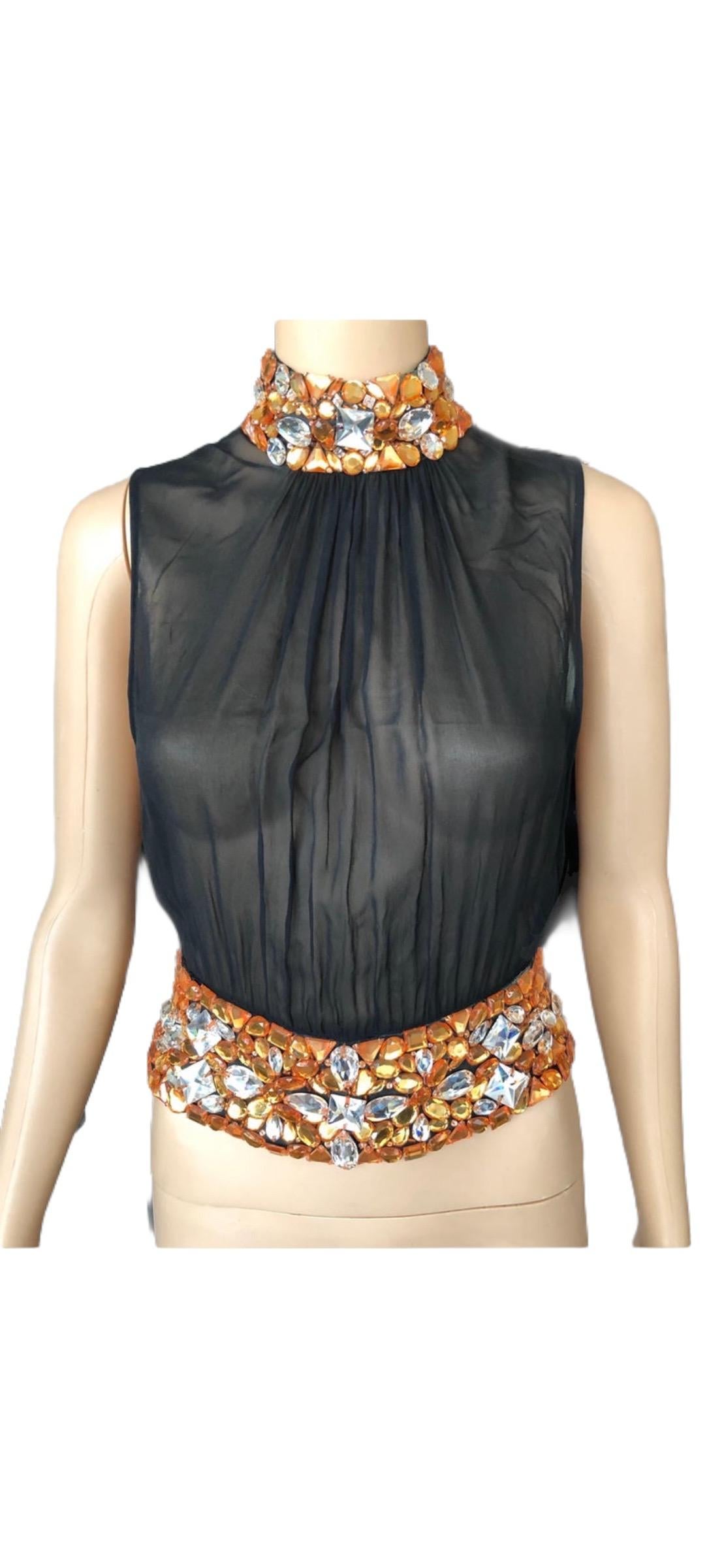 Gianni Versace Couture S/S 2000 Runway Embellished Sheer Top & Pants 2 Piece Set For Sale 7