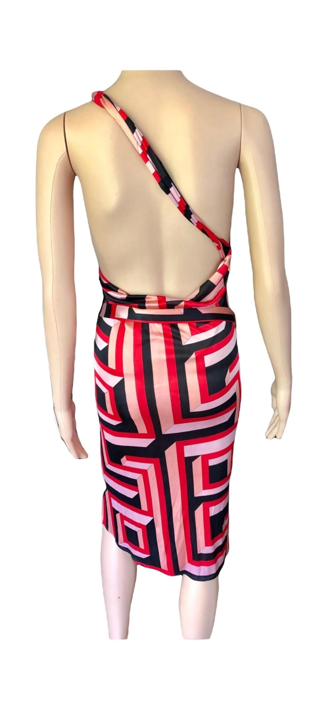 Gianni Versace S/S 2001 Vintage Geometric Print Belted Open Back Dress For Sale 4