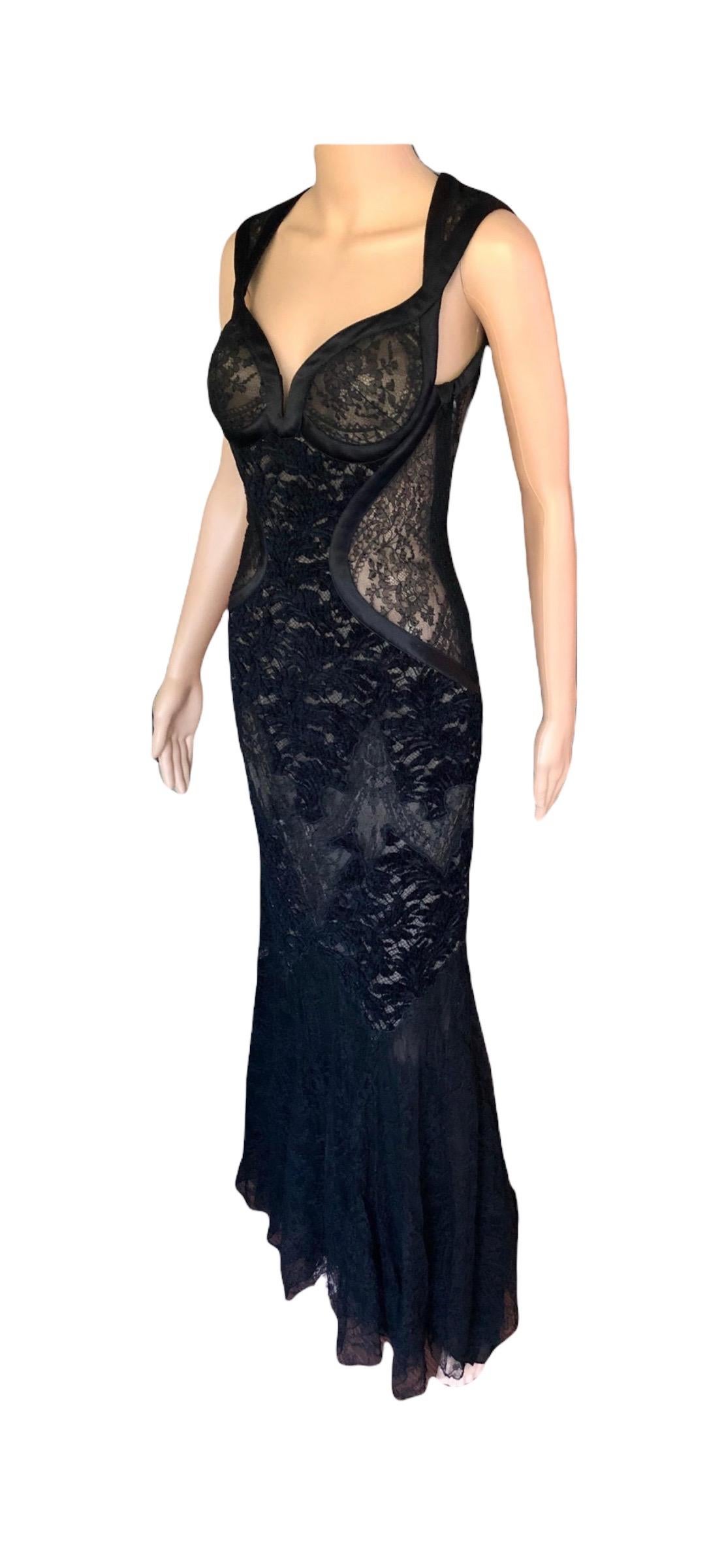 Versace F/W 2005 Runway Bustier Sheer Lace Open Back Black Evening Dress Gown  For Sale 7