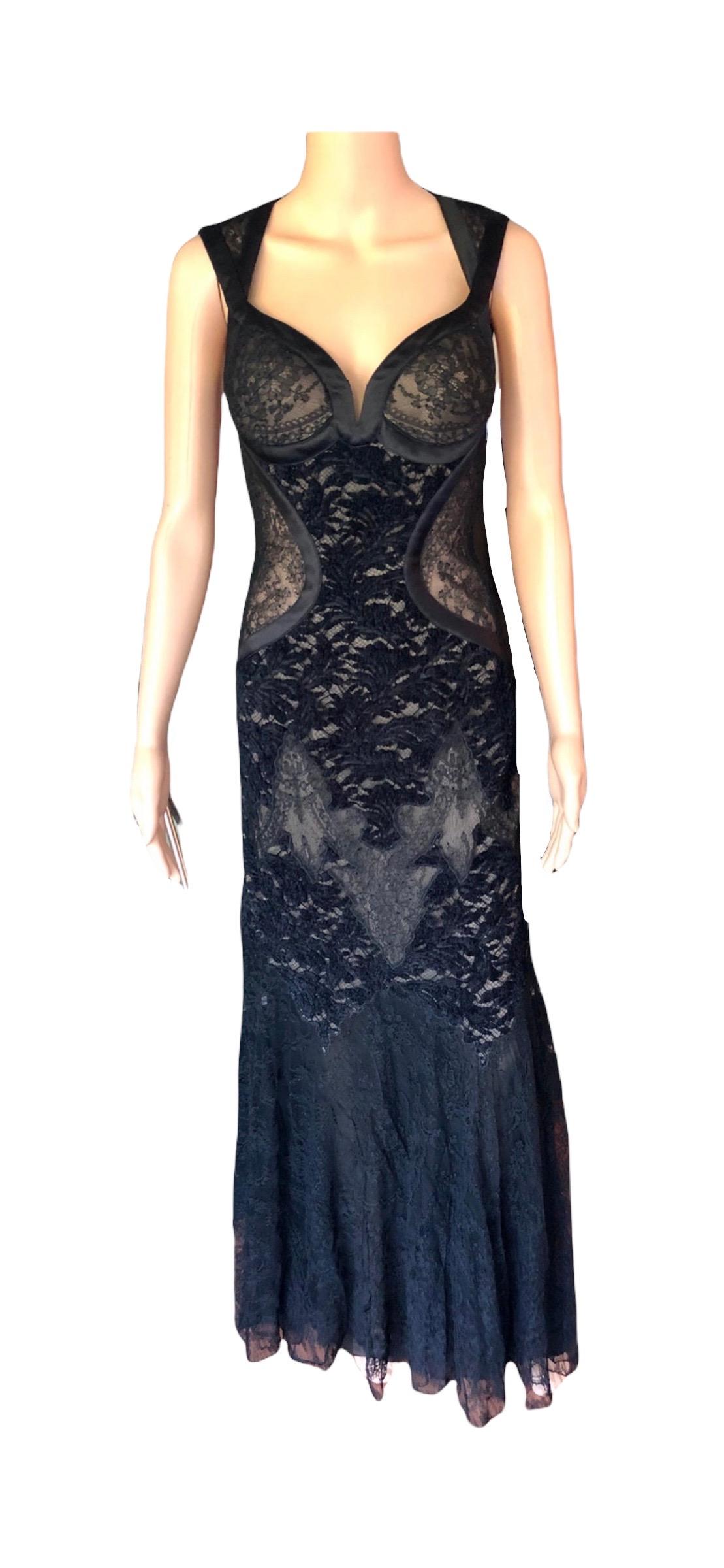 Versace F/W 2005 Runway Bustier Sheer Lace Open Back Black Evening Dress Gown  For Sale 6