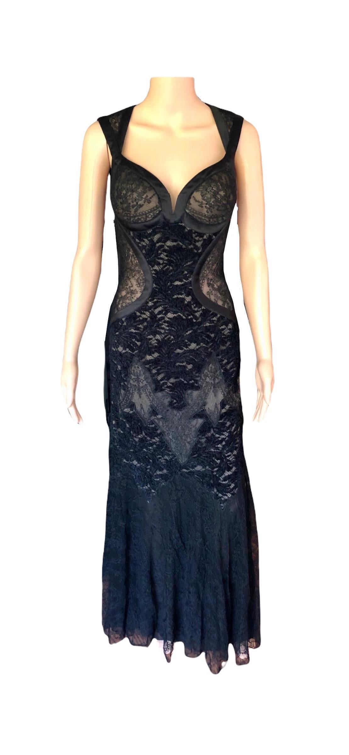 Versace F/W 2005 Runway Bustier Sheer Lace Open Back Black Evening Dress Gown  For Sale 8