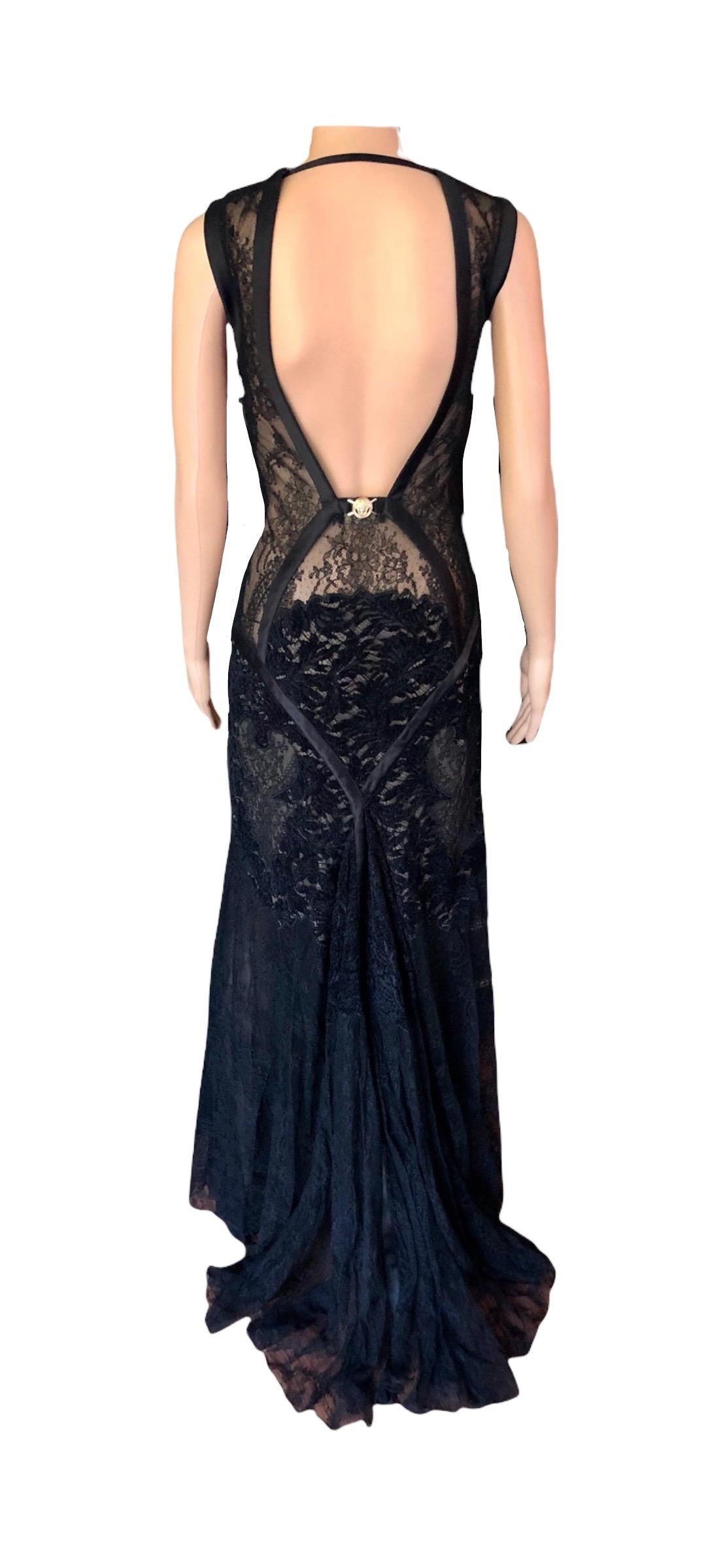 Versace F/W 2005 Runway Bustier Sheer Lace Open Back Black Evening Dress Gown  For Sale 9