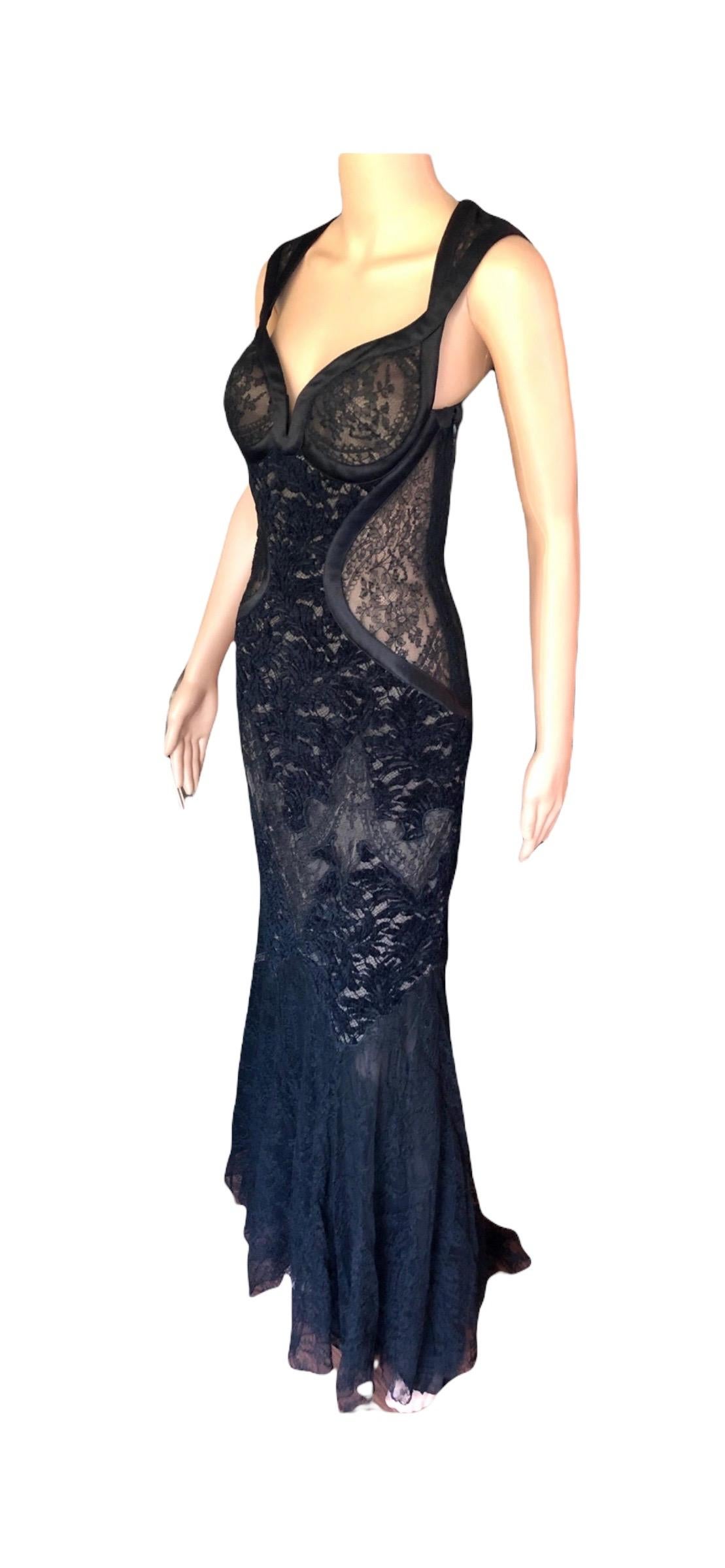 Versace F/W 2005 Runway Bustier Sheer Lace Open Back Black Evening Dress Gown  For Sale 12