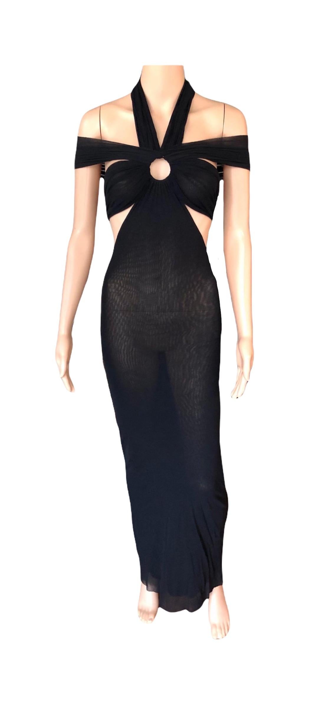 Jean Paul Gaultier Soleil S/S 1999 Cutout Sheer Mesh Bodycon Black Maxi Dress Size XS