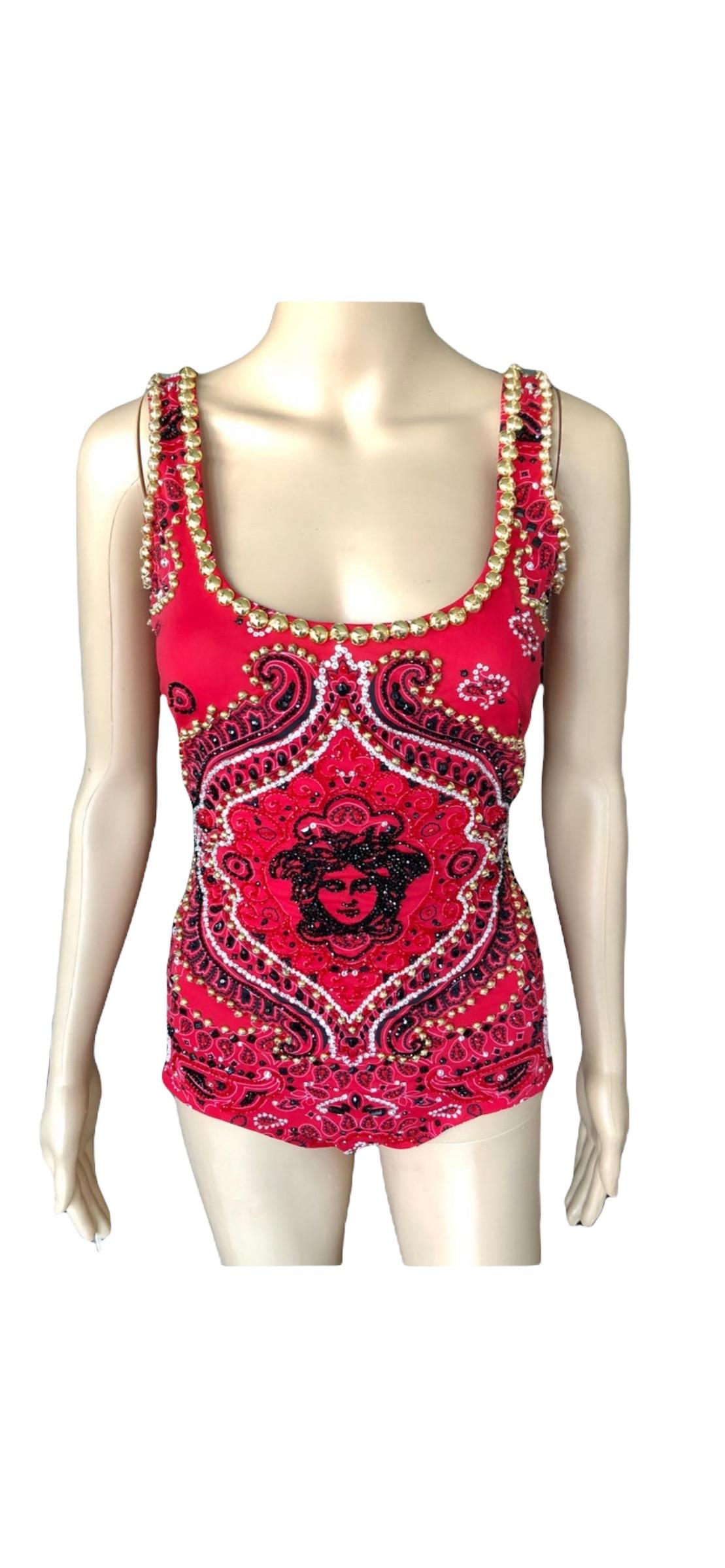 Atelier Versace Haute Couture c. 2003 Heavily Embellished Top Swimwear Romper Bodysuit

Condition - Looks Unworn.
Size None - since it is a haute couture piece - will best fit S/M based on measurements and stretchy material.
