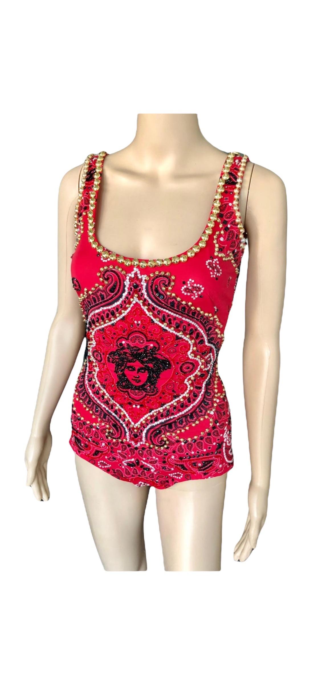 Red Atelier Versace Haute Couture c.2003 Embellished Top Swimwear Romper Bodysuit For Sale