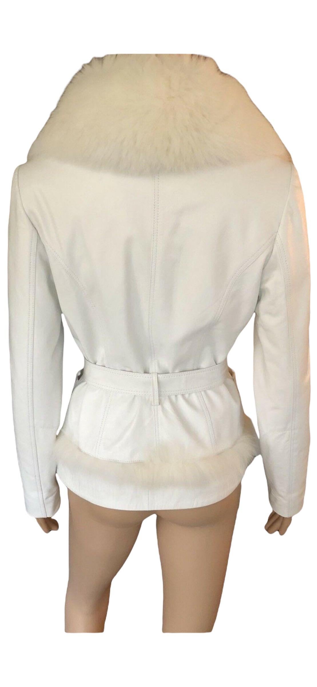 Roberto Cavalli Leather Fur Trimmed Embellished Logo Belt White Jacket Coat  In Good Condition In Naples, FL