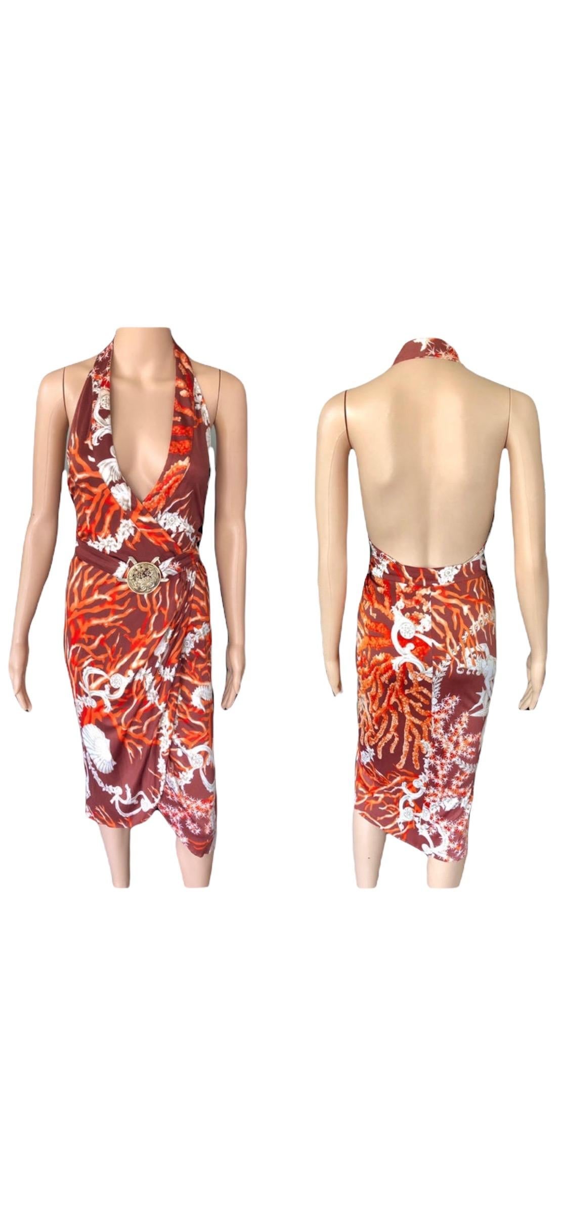 Versace S/S 2005 Runway Seashell Print Belted Wrap Dress In Good Condition For Sale In Naples, FL