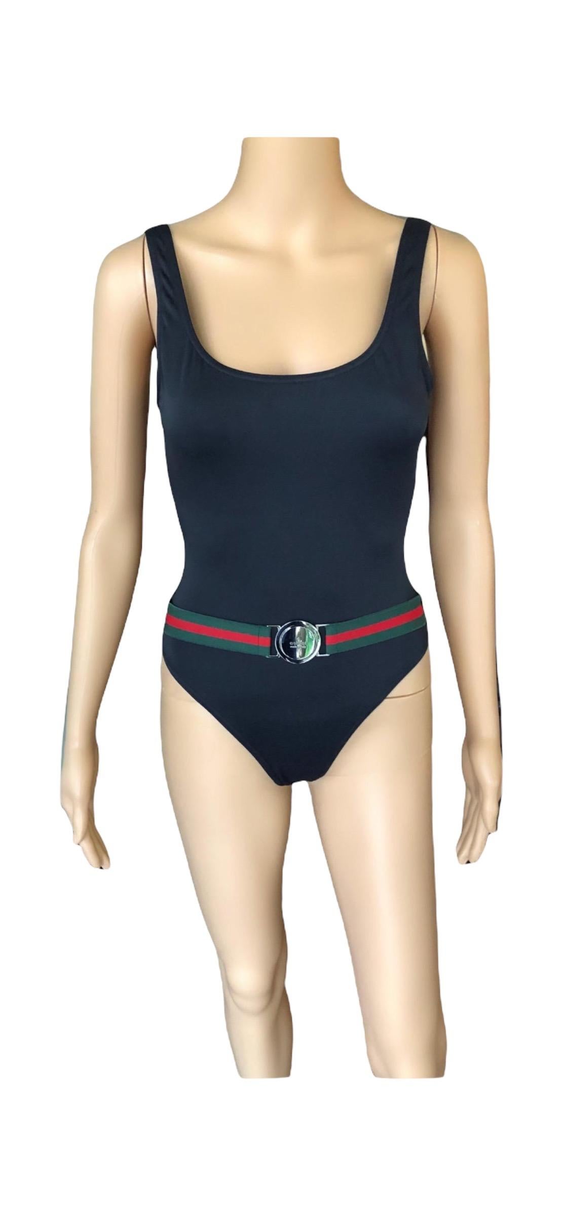 Tom Ford for Gucci S/S 1999 Vintage Logo Belted Backless Black Bodysuit Swimsuit For Sale 8