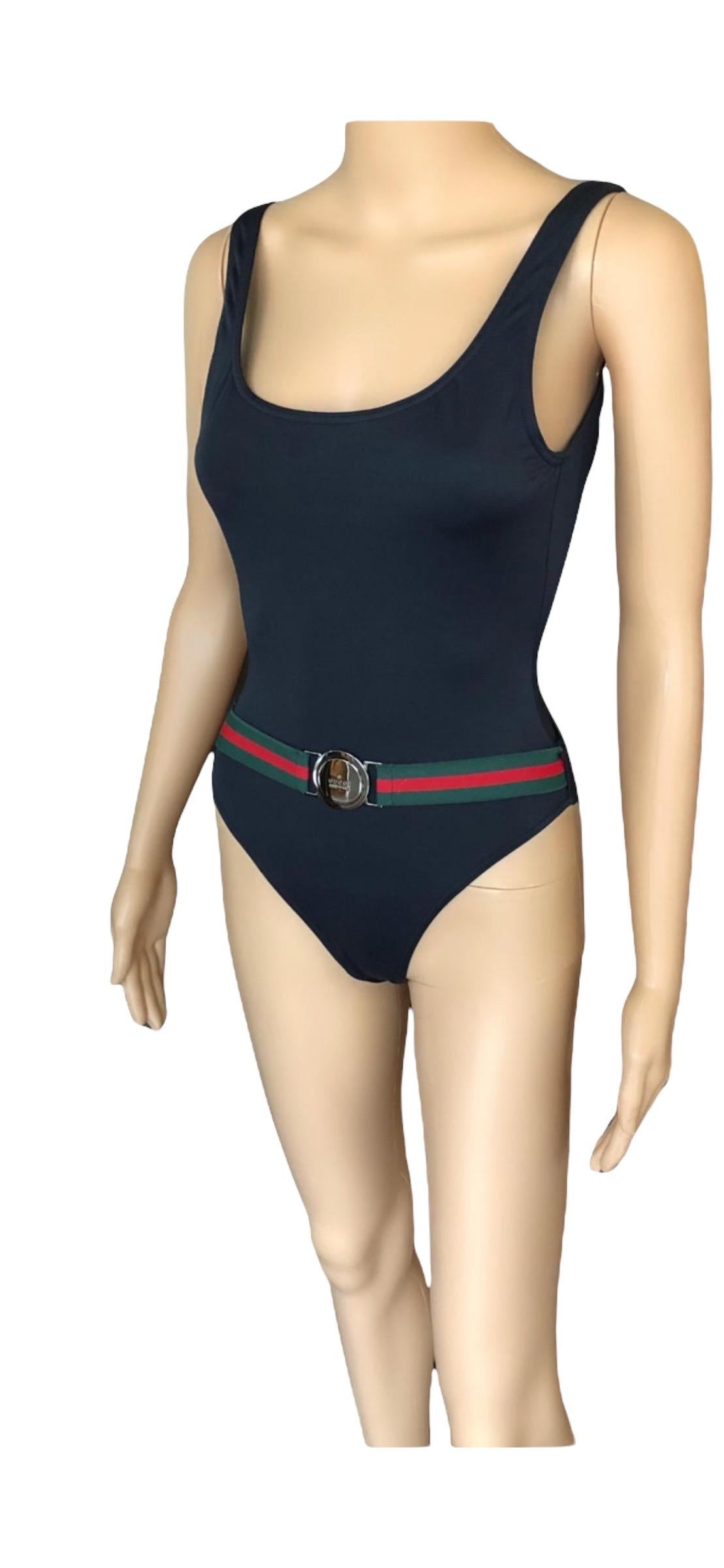 Tom Ford for Gucci S/S 1999 Vintage Logo Belted Backless Black Bodysuit Swimsuit For Sale 9