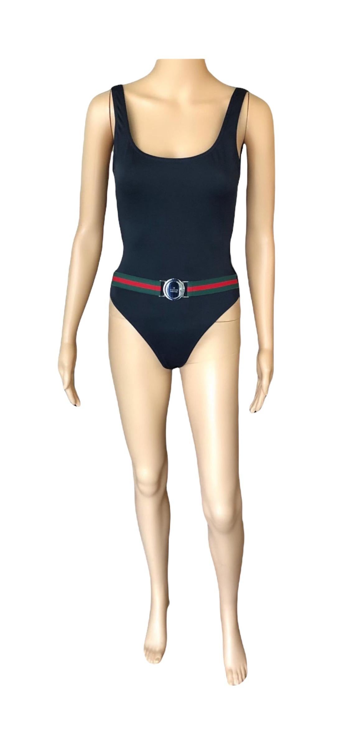 Tom Ford for Gucci S/S 1999 Vintage Logo Belted Backless Black Bodysuit Swimsuit For Sale 10