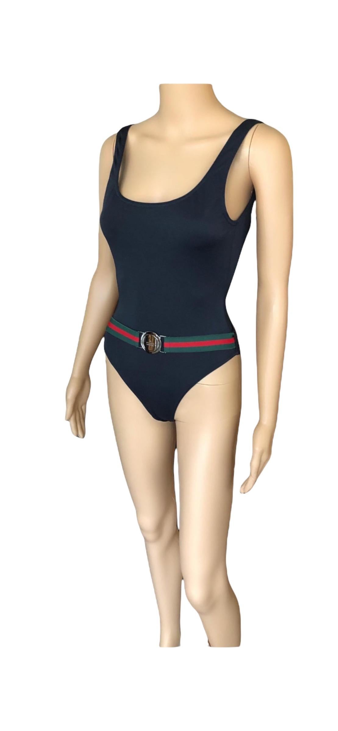Tom Ford for Gucci S/S 1999 Vintage Logo Belted Backless Black Bodysuit Swimsuit For Sale 11