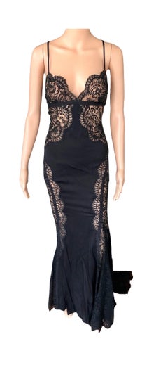 Versace F/W 2003 Plunged Sheer Lace Panels Backless Black Evening Dress Gown
