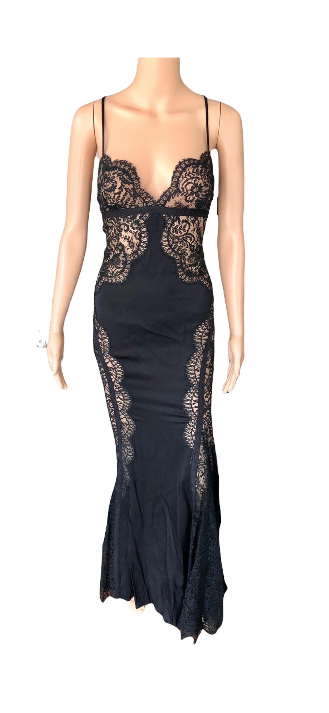 De las mujeres Versace F/W 2003 Vestido de noche negro con paneles de encaje escarpado sin espalda