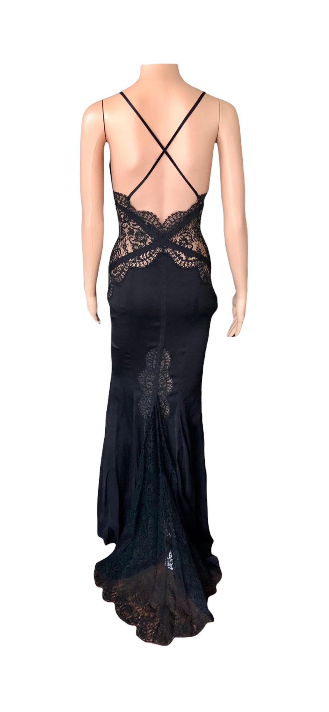 Versace Plunged Sheer Lace Panels Backless Black Evening Dress Gown  In Good Condition For Sale In Naples, FL