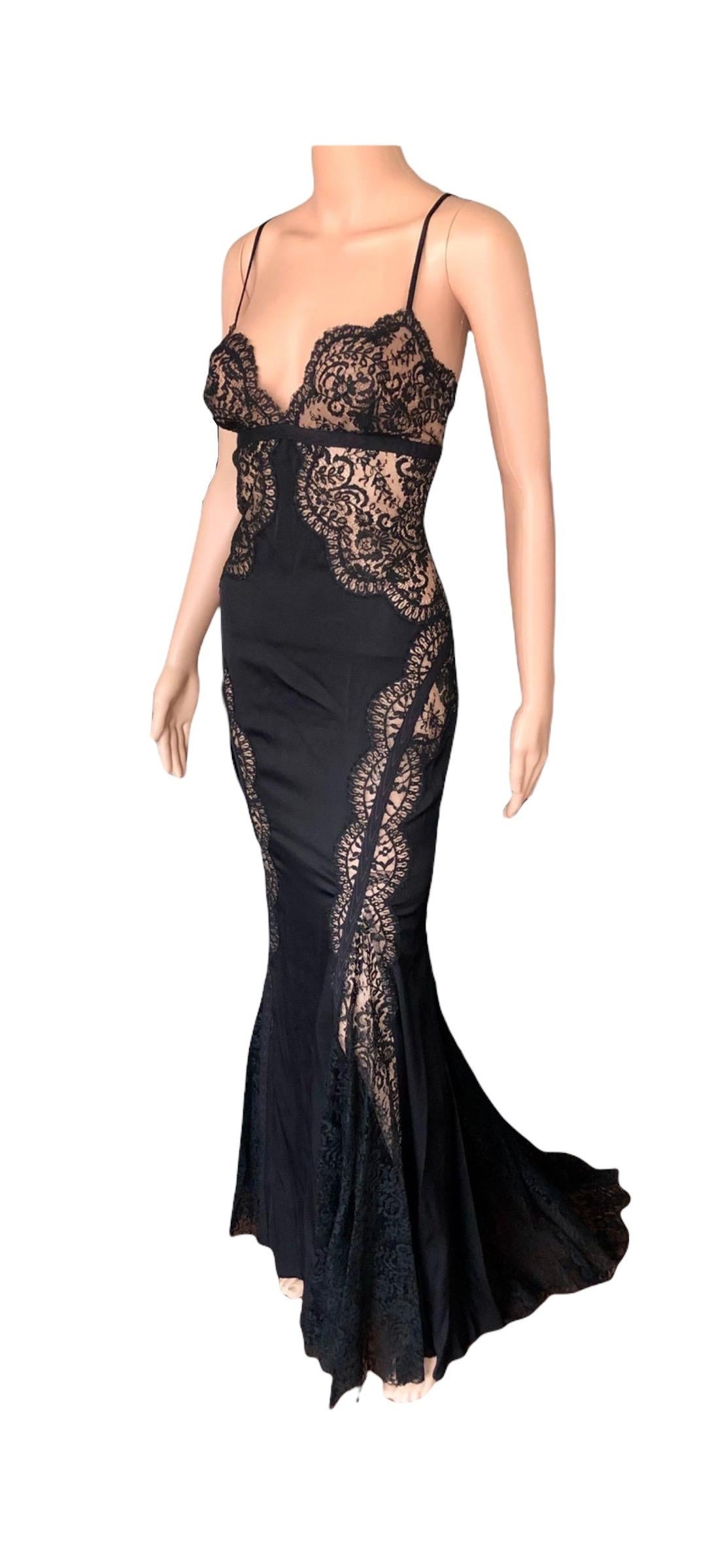 Versace Plunged Sheer Lace Panels Backless Black Evening Dress Gown  For Sale 1