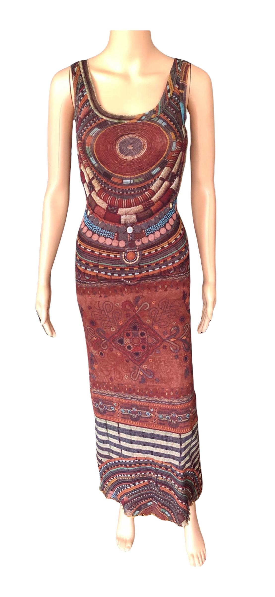 Jean Paul Gaultier Soleil Bodycon African Beads Print Mesh Maxi Dress In Good Condition For Sale In Naples, FL