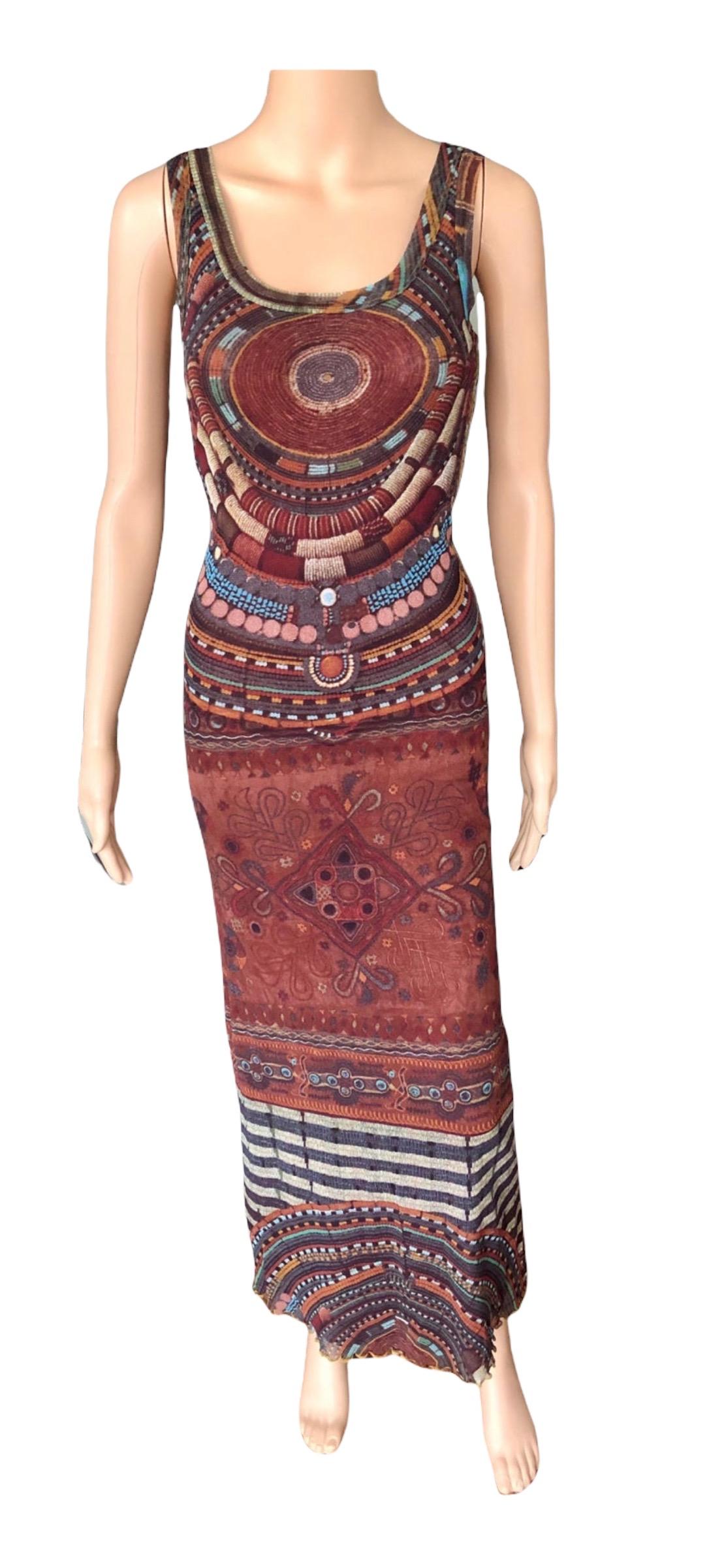 Jean Paul Gaultier Soleil Bodycon African Beads Print Mesh Maxi Dress For Sale 1