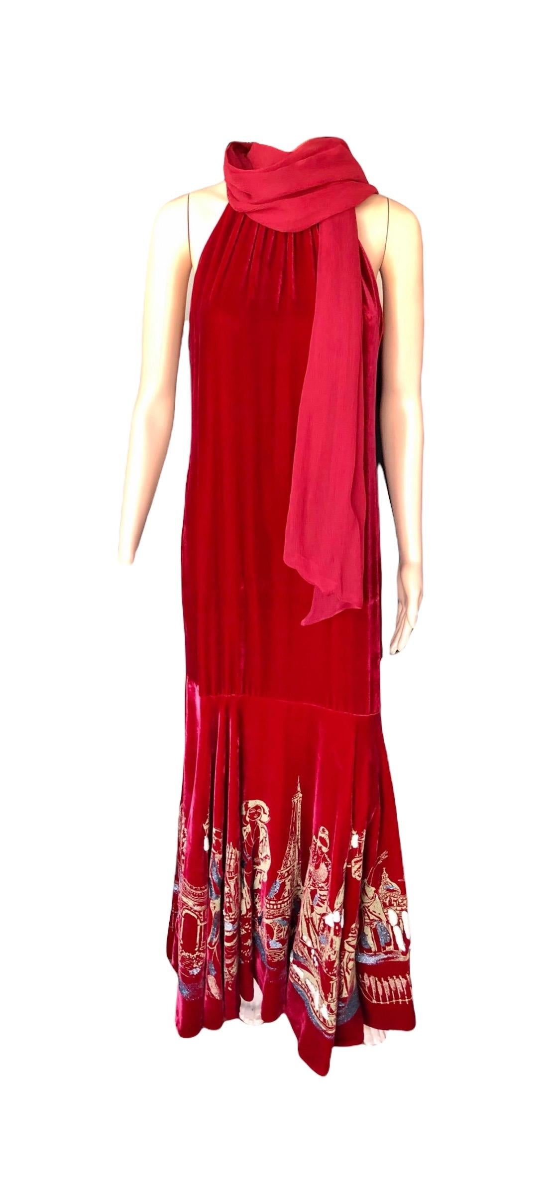 Jean Paul Gaultier Vintage Embellished Landmarks Velvet Maxi Evening Dress Gown 12