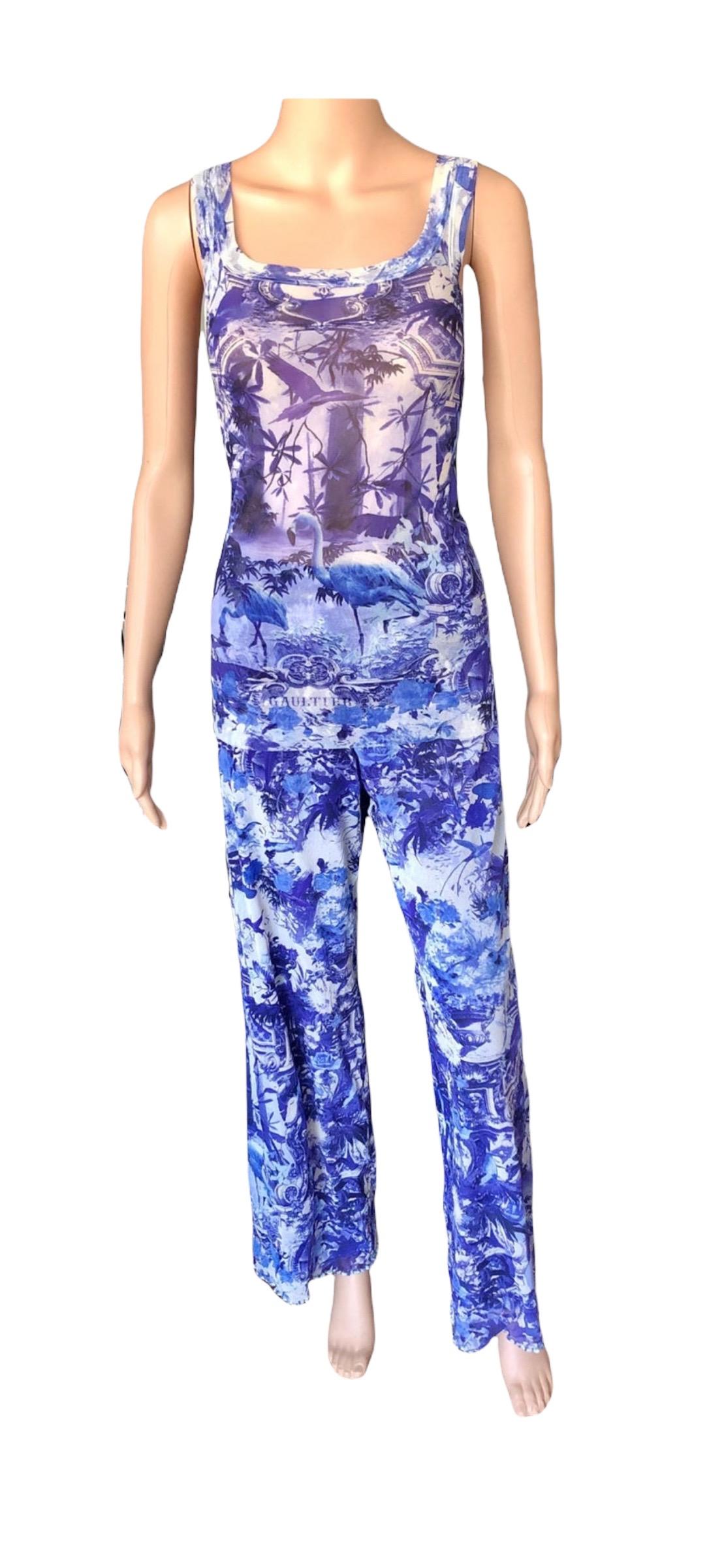 Jean Paul Gaultier Soleil S/S 1999 Flamingo Print Mesh Top & Pants 2 Piece Set  For Sale 1