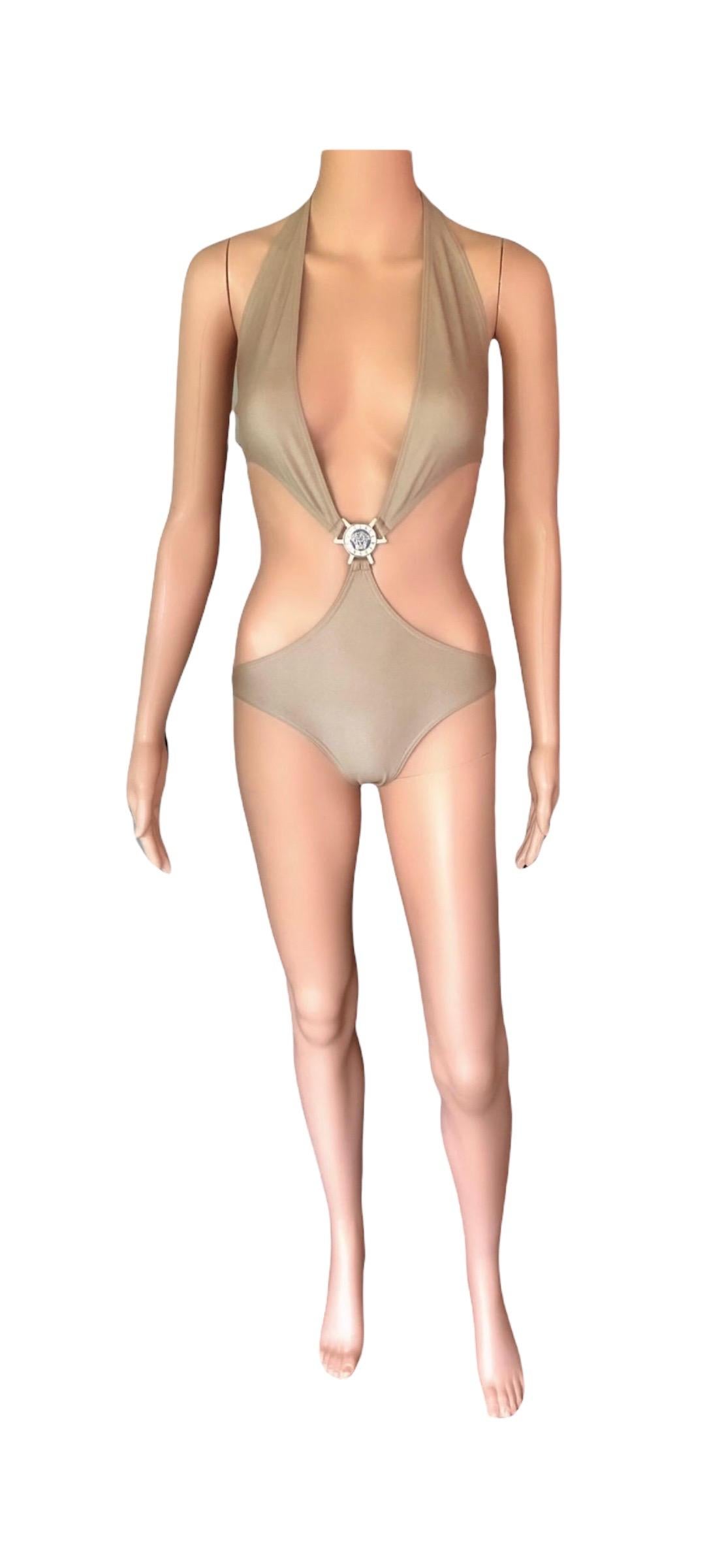Versace Medusa Logo Cutout Plunging Open Back Gold Metallic Swimwear Swimsuit For Sale 2