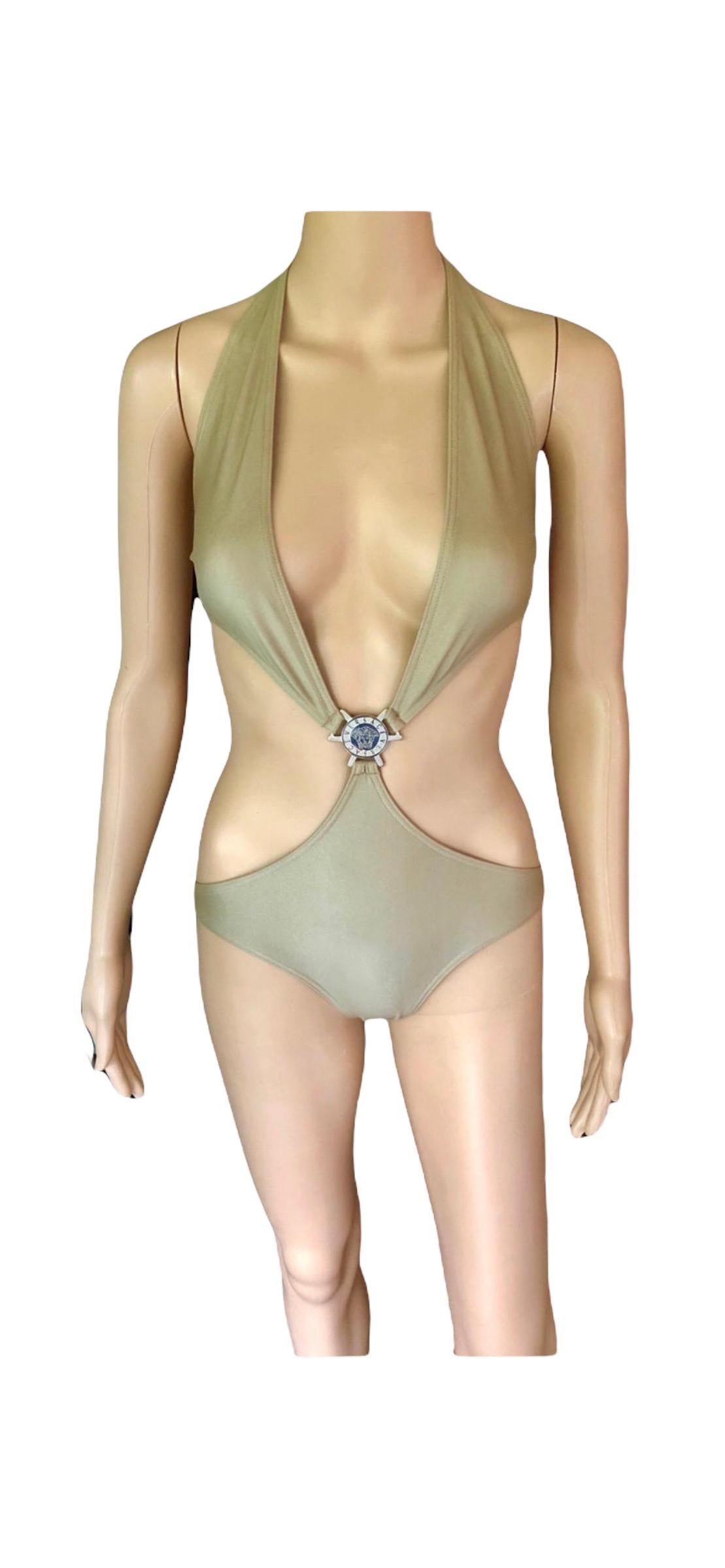 Versace Medusa Logo Cutout Plunging Open Back Gold Metallic Swimwear Swimsuit For Sale 1