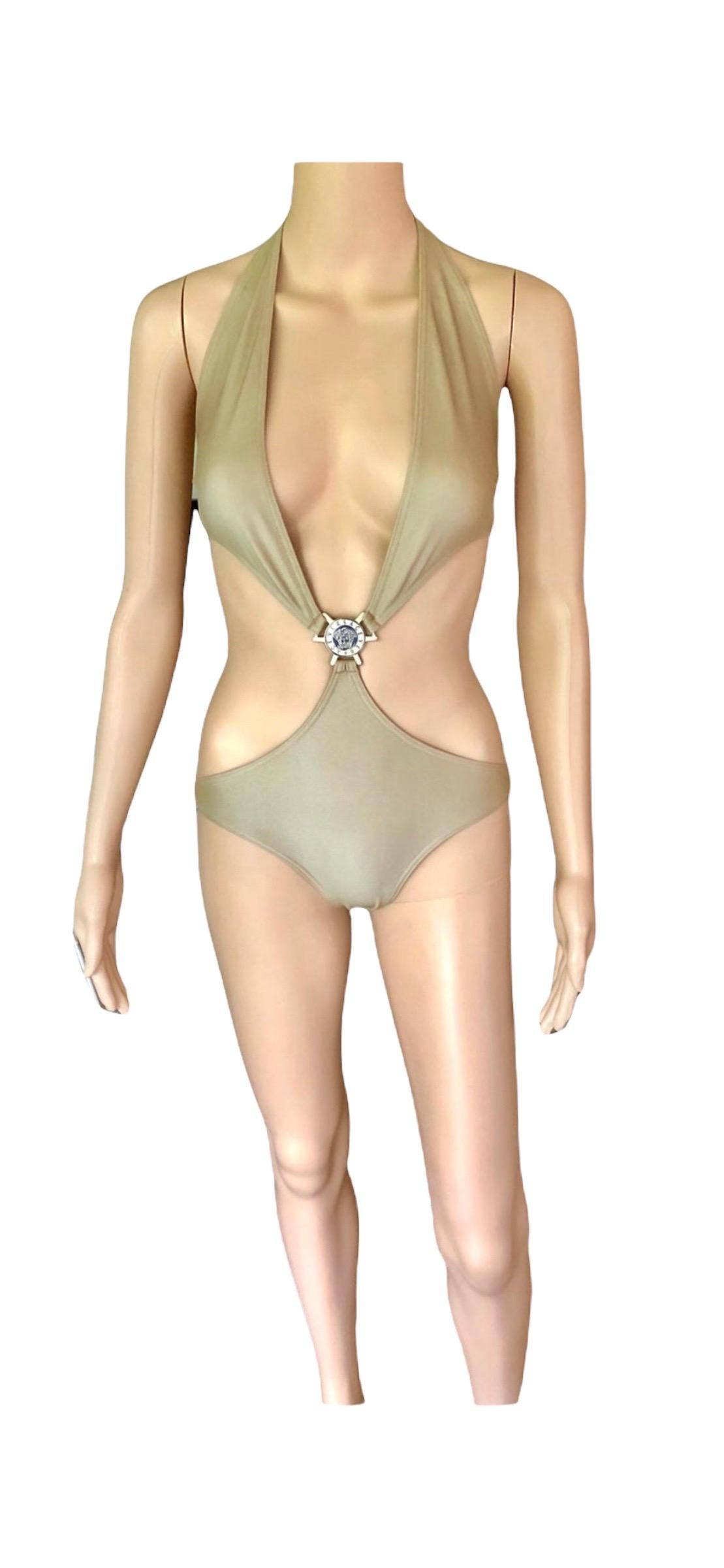 Versace Medusa Logo Cutout Plunging Open Back Gold Metallic Swimwear Swimsuit For Sale 3