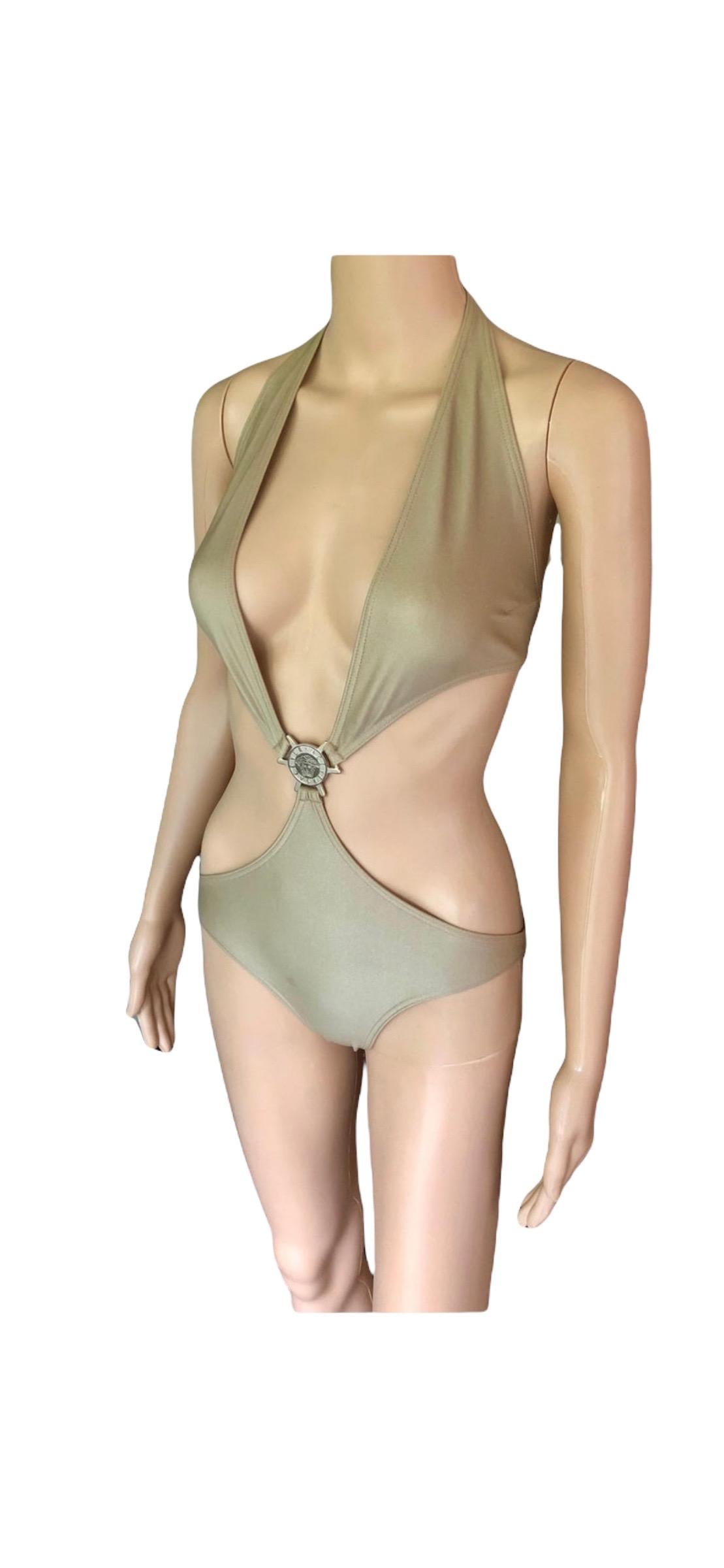 Versace Medusa Logo Cutout Plunging Open Back Gold Metallic Swimwear Swimsuit For Sale 6
