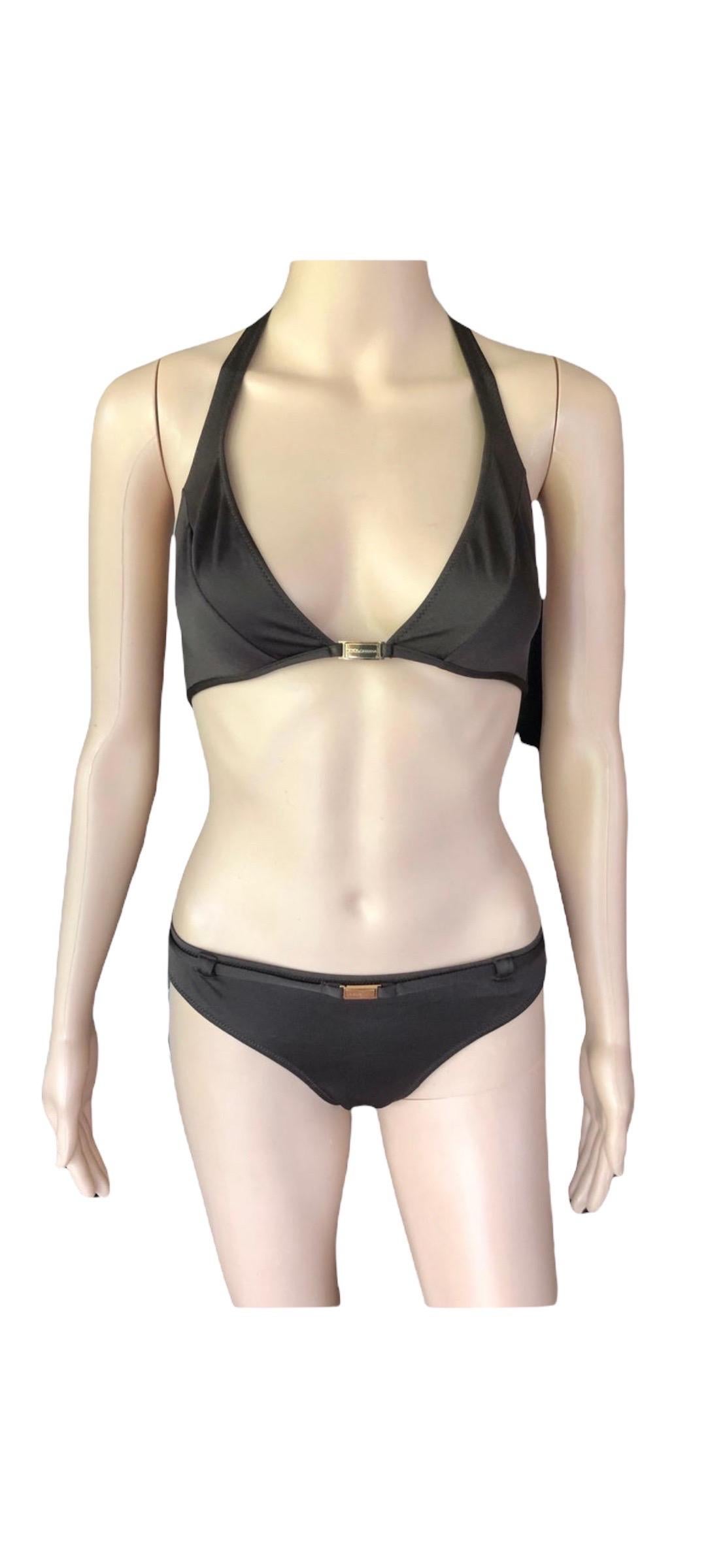 Dolce & Gabbana Logo Embellished Belted Brown Bikini Swimwear Swimsuit 2 Piece For Sale 1