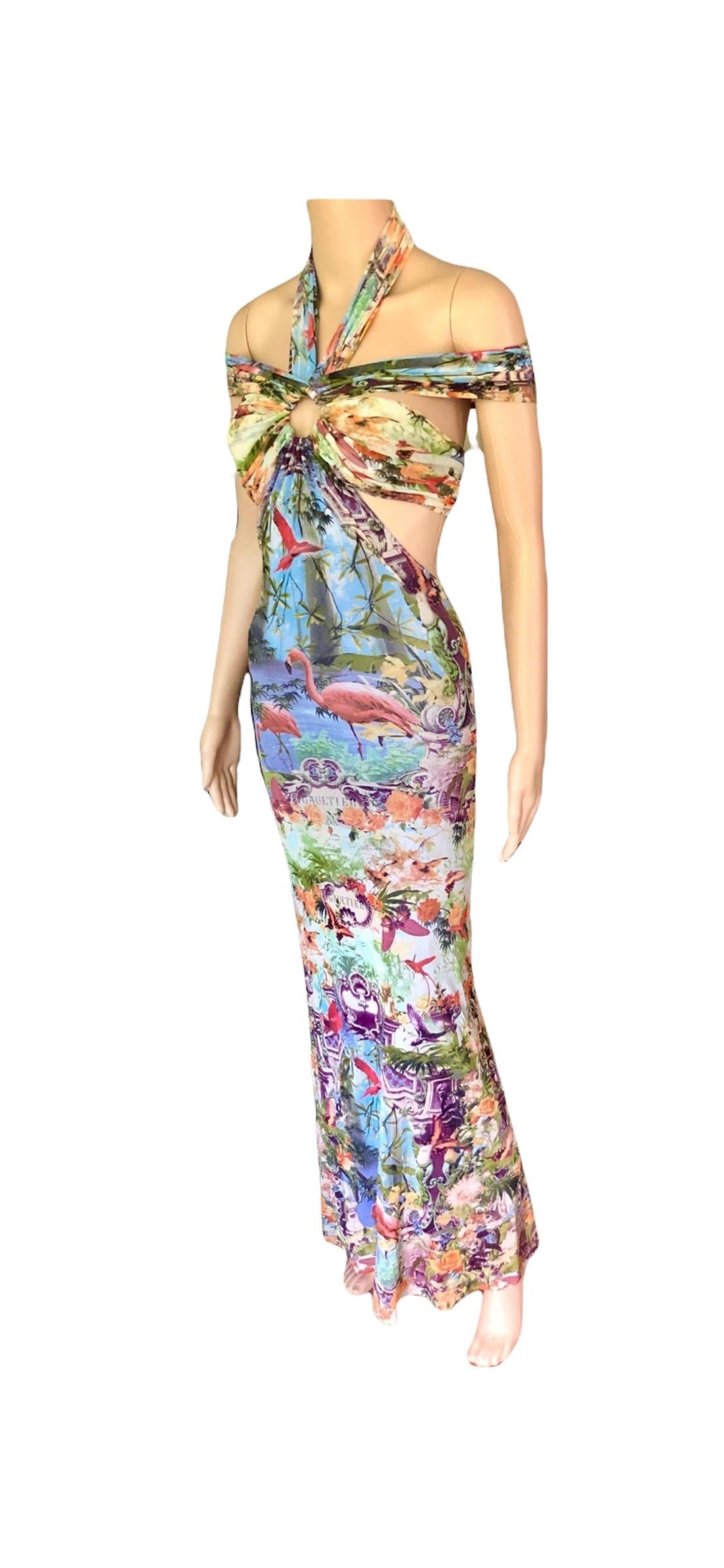 Jean Paul Gaultier Soleil F/S 1999 Flamingo Maxikleid aus Mesh mit tropischem Druck und Ausschnitt im Angebot 9