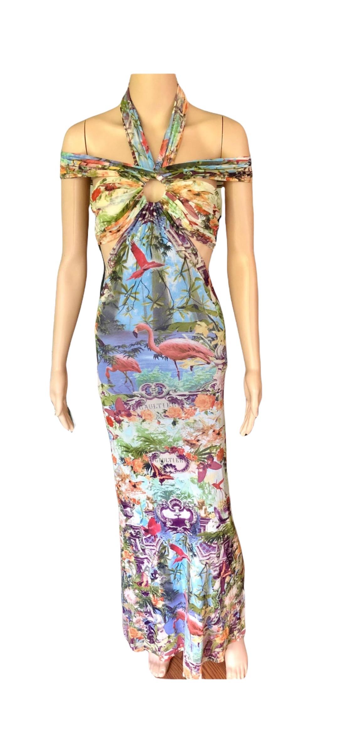 Jean Paul Gaultier Soleil F/S 1999 Flamingo Maxikleid aus Mesh mit tropischem Druck und Ausschnitt im Angebot 10