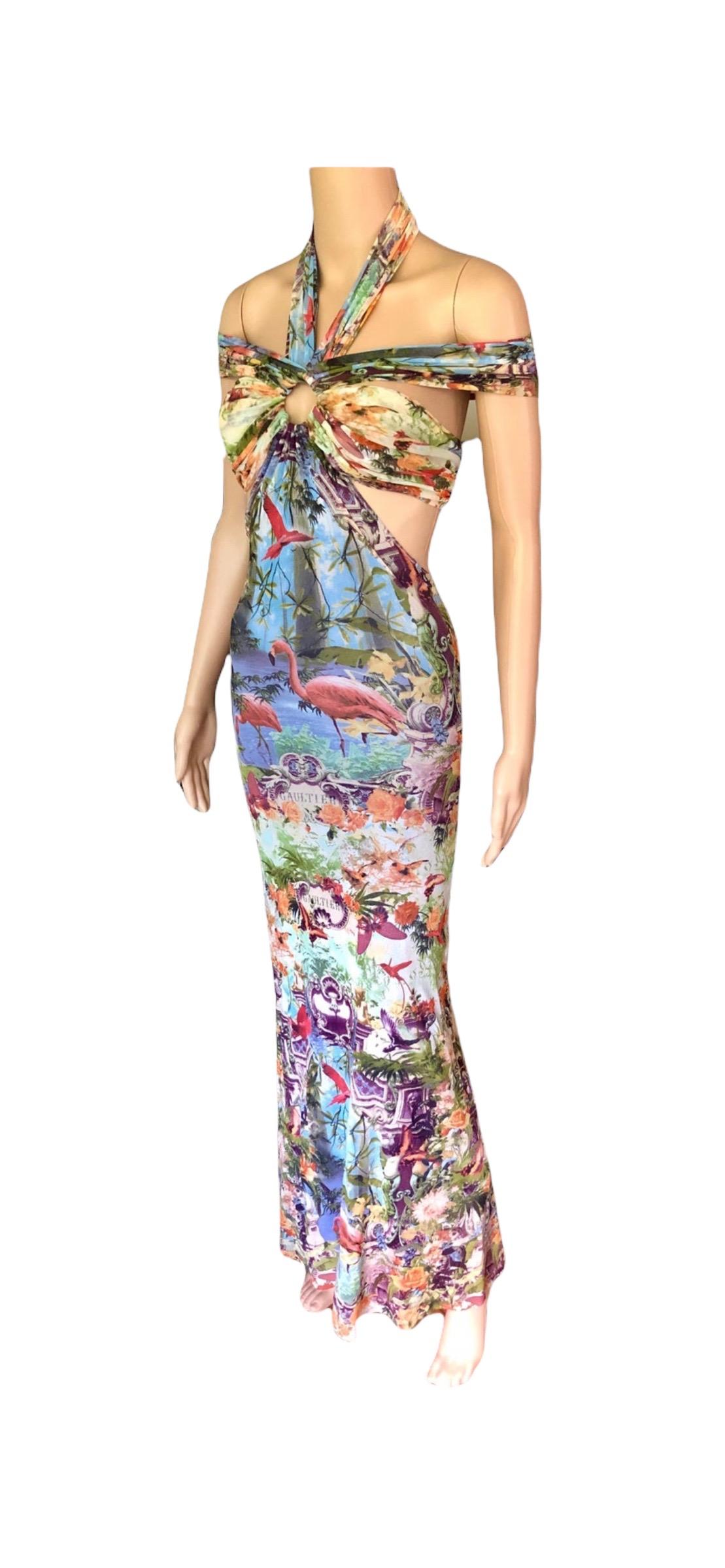 Jean Paul Gaultier Soleil S/S1999 Flamingo Tropical Print Cutout Mesh Maxi Dress For Sale 8