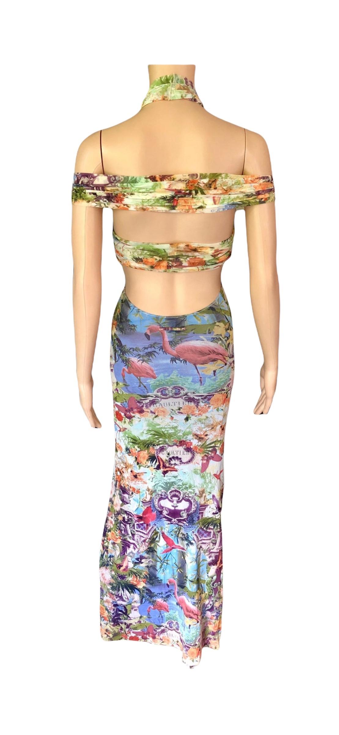 Jean Paul Gaultier Soleil S/S1999 Flamingo Tropical Print Cutout Mesh Maxi Dress For Sale 9