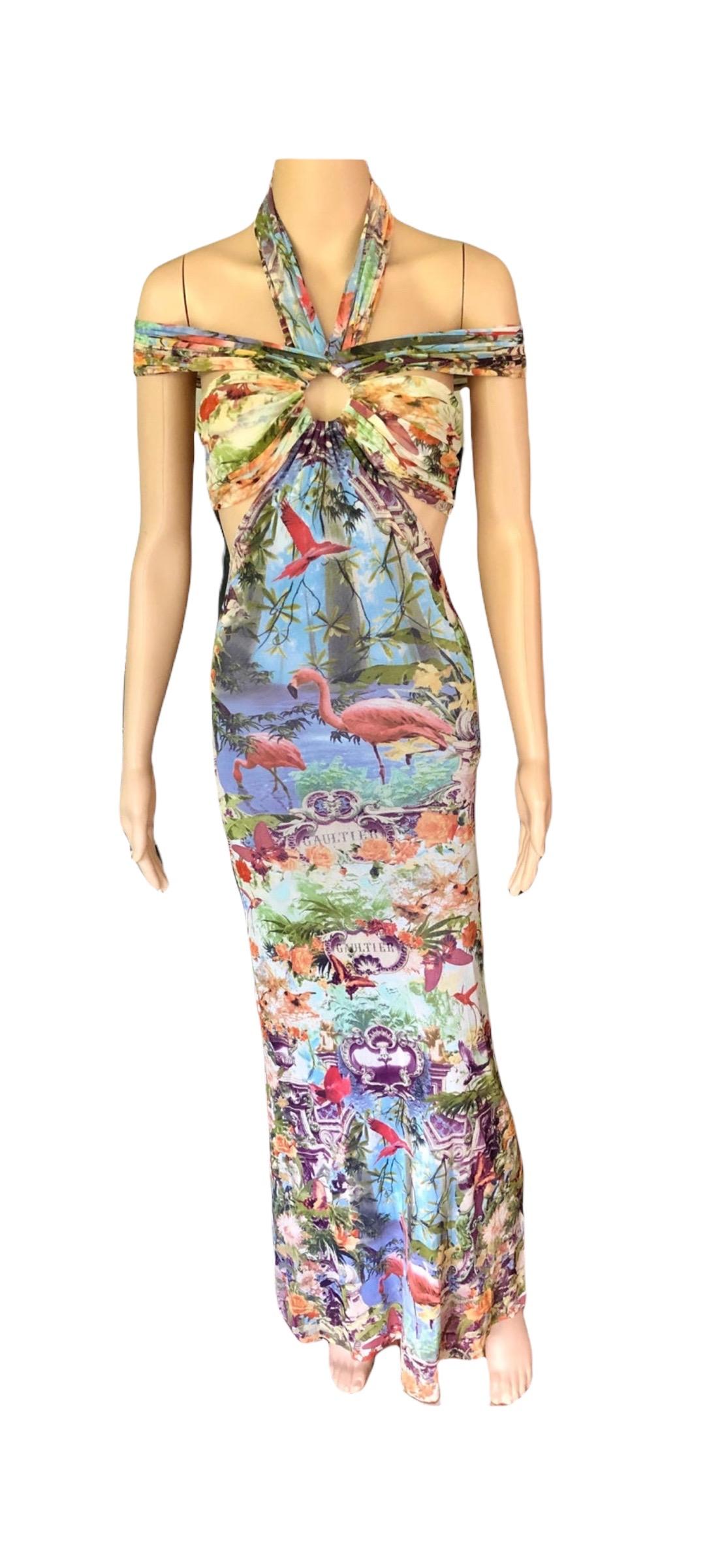 Jean Paul Gaultier Soleil S/S1999 Flamingo Tropical Print Cutout Mesh Maxi Dress For Sale 10