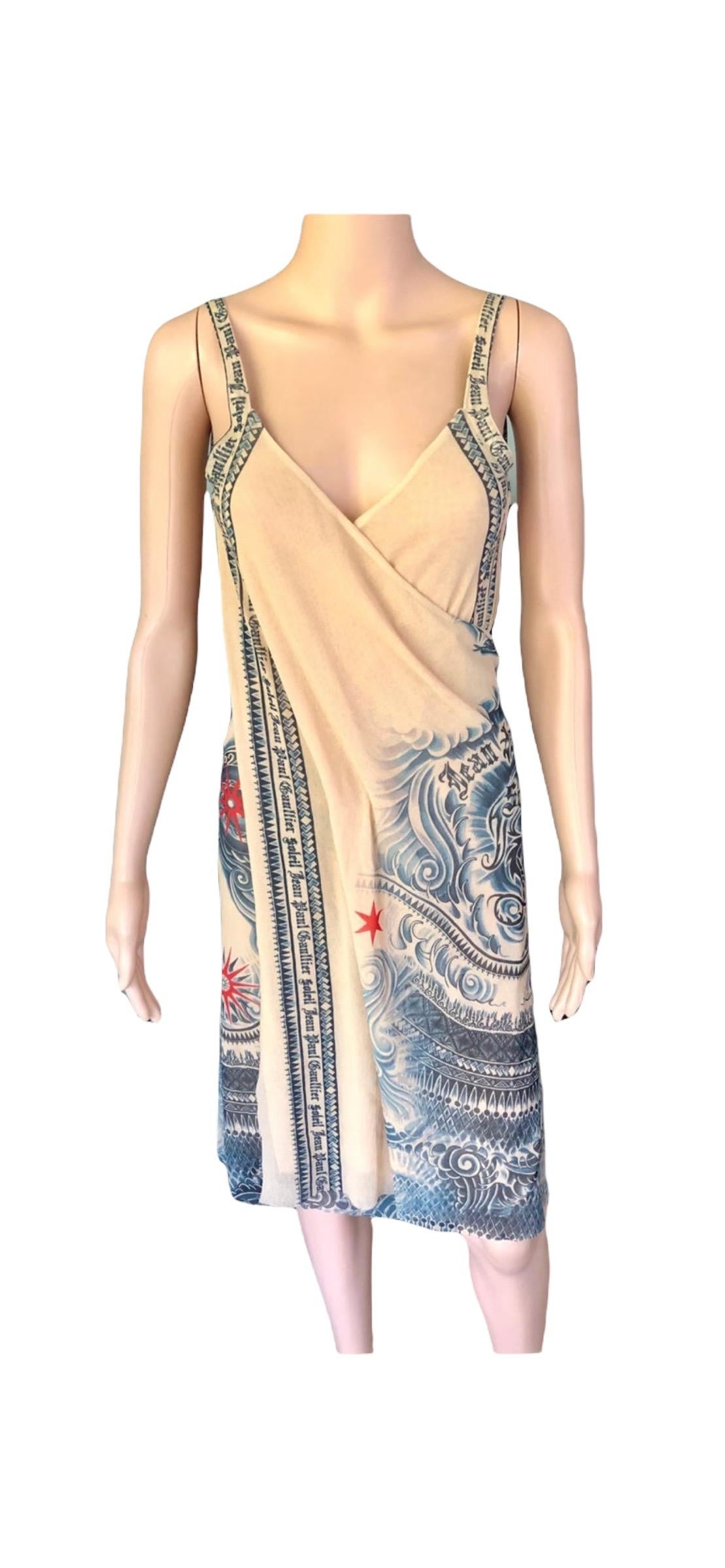 Jean Paul Gaultier Soleil Tattoo Print Semi-Sheer Mesh Wrap Dress For Sale 2