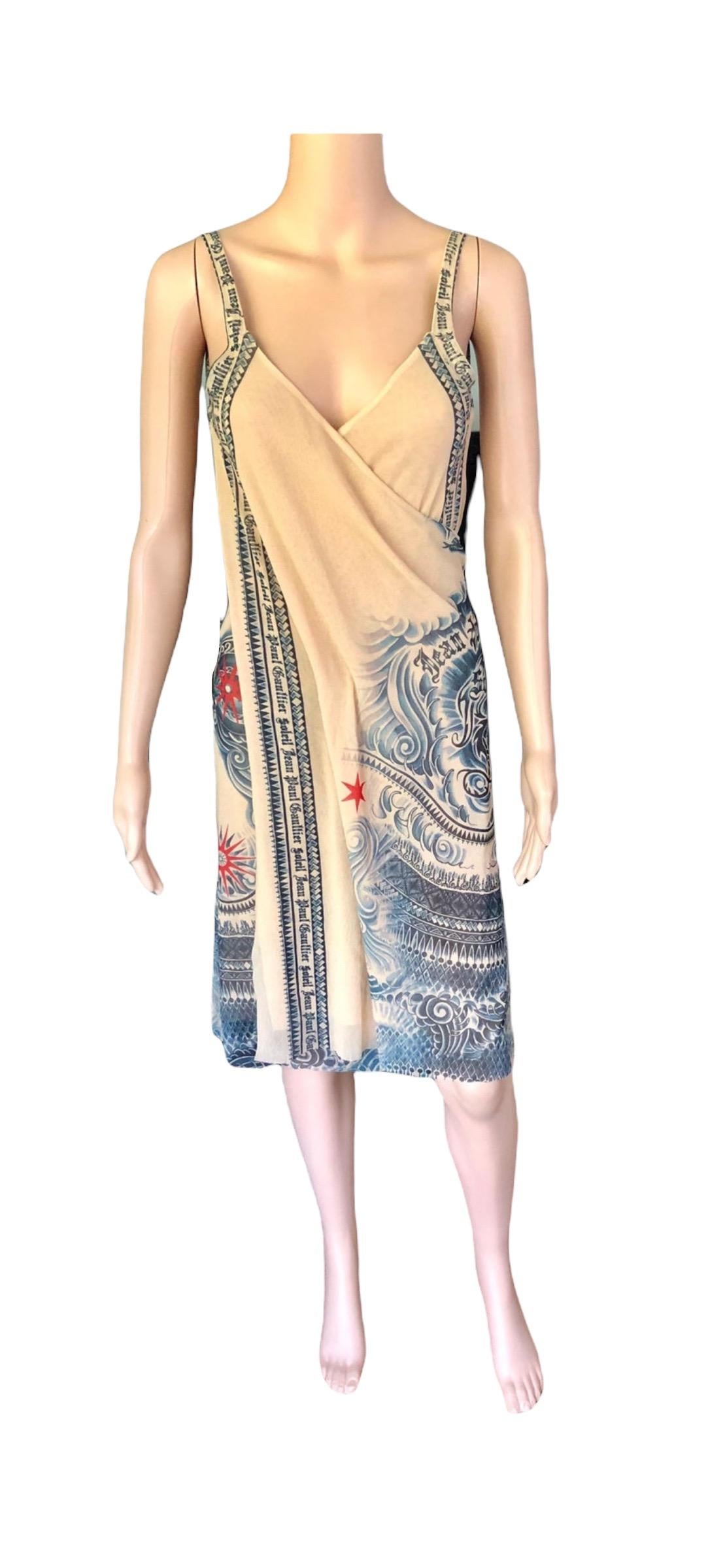 Jean Paul Gaultier Soleil Tattoo Print Semi-Sheer Mesh Wrap Dress For Sale 4